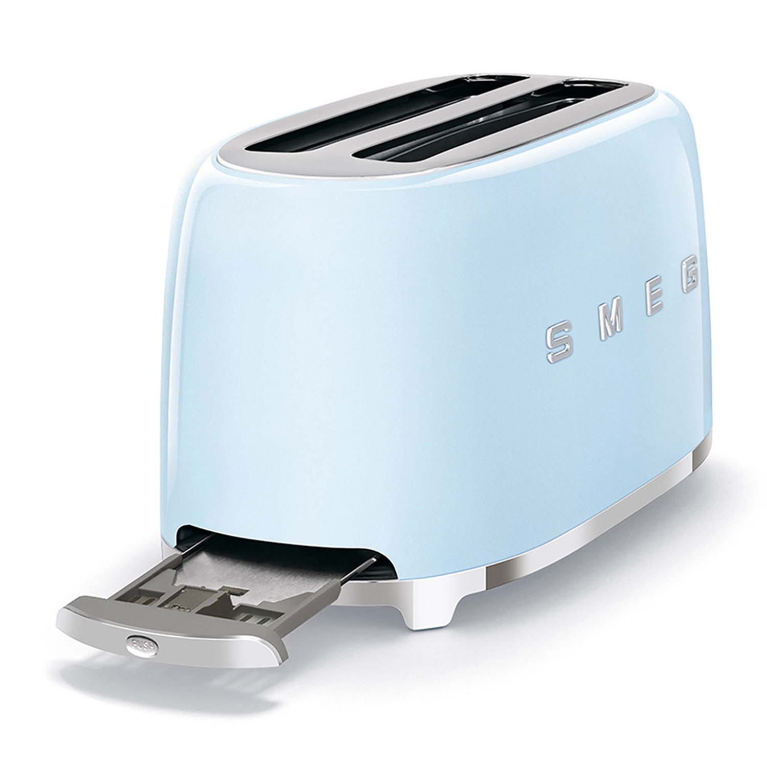 Tostapane Smeg azzurro, vista frontale. Il vassoio è parzialmente estratto, mostrando l'interno.
