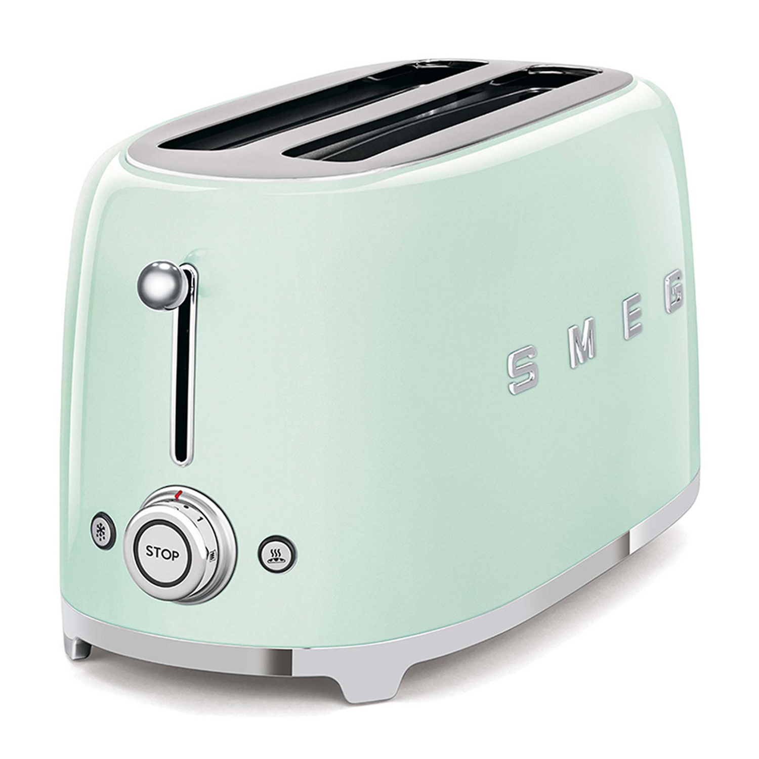 Un tostapane retrò verde menta, con leva, quadrante e pulsanti argentati, su sfondo bianco.