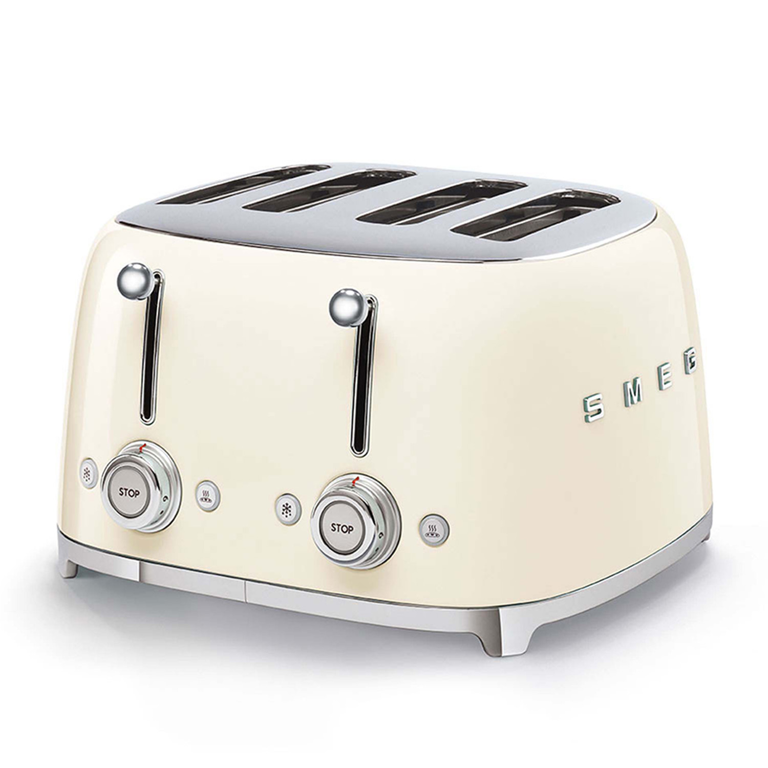 Tostapane Smeg color crema con quattro fessure. Accenti cromati e logo SMEG visibili.