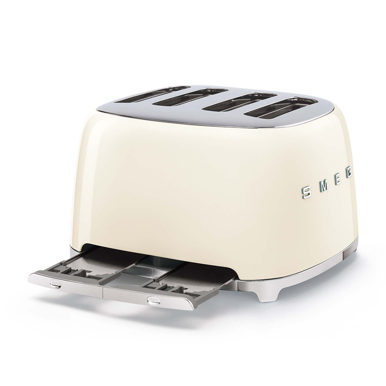 Tostapane SMEG color crema con due fessure aperte, dettagli argento, su bianco.