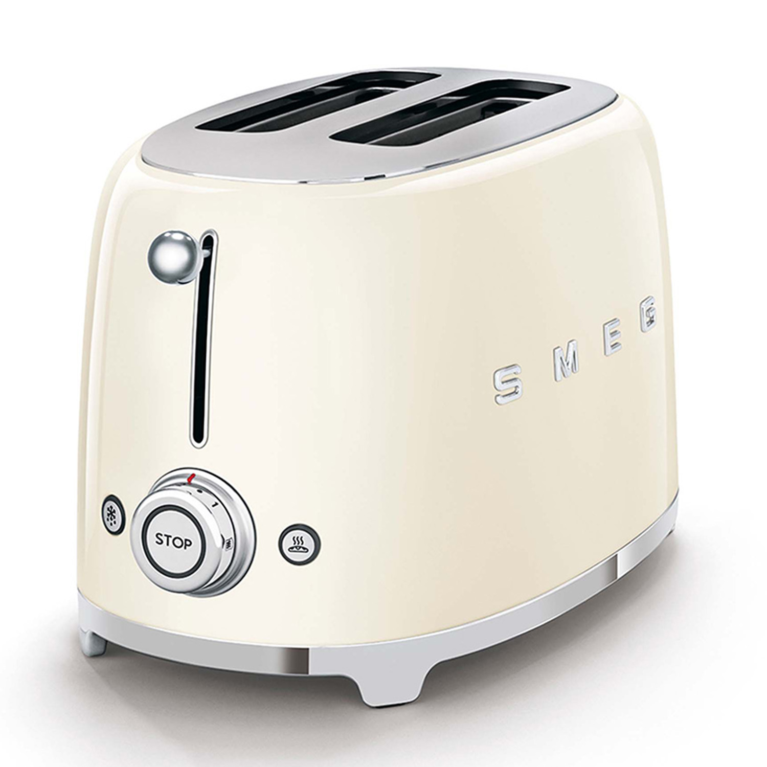 Un tostapane Smeg color crema con dettagli cromati. Ha due fessure, una leva e un quadrante con un pulsante di arresto.