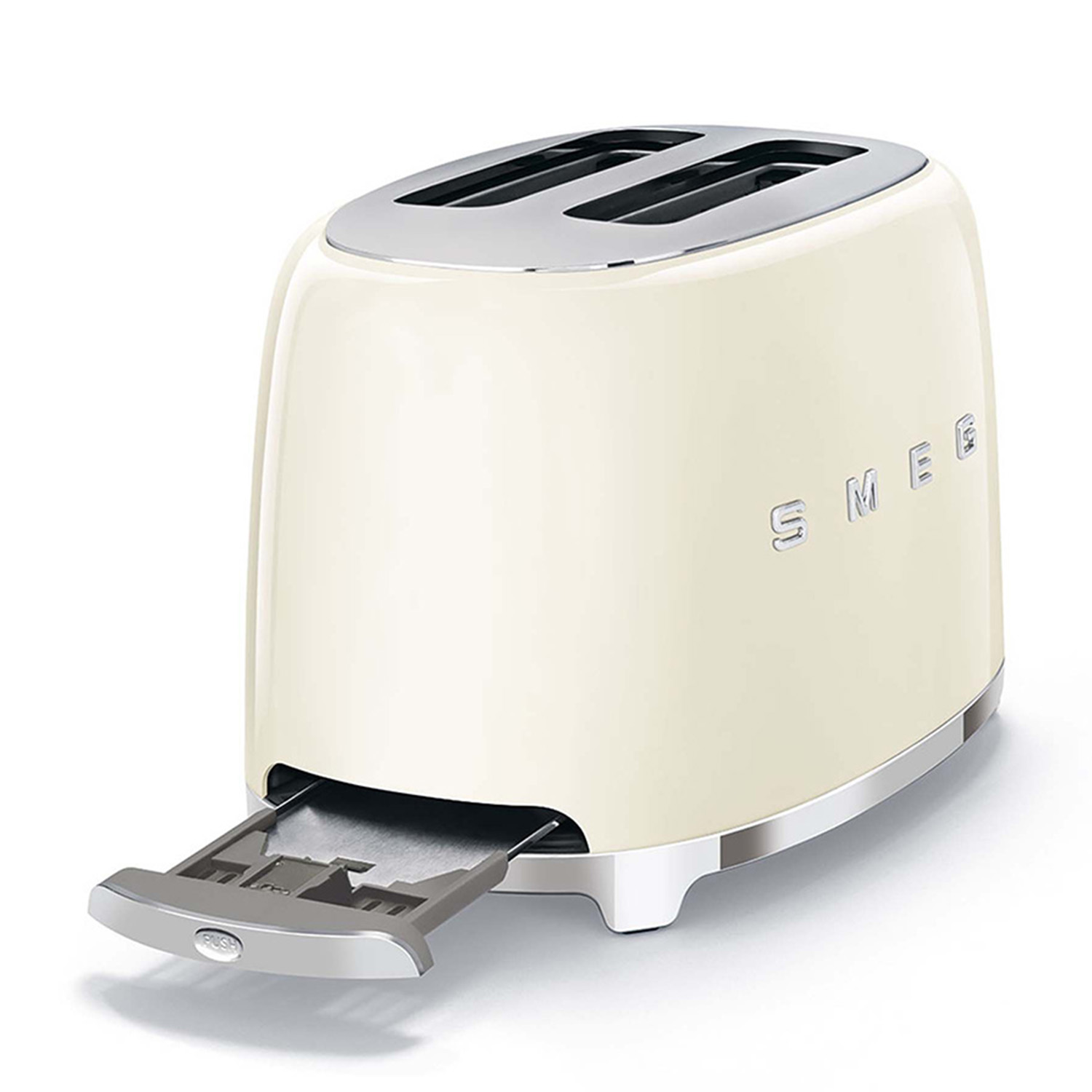 Tostapane SMEG color crema con fessura del pane aperta.