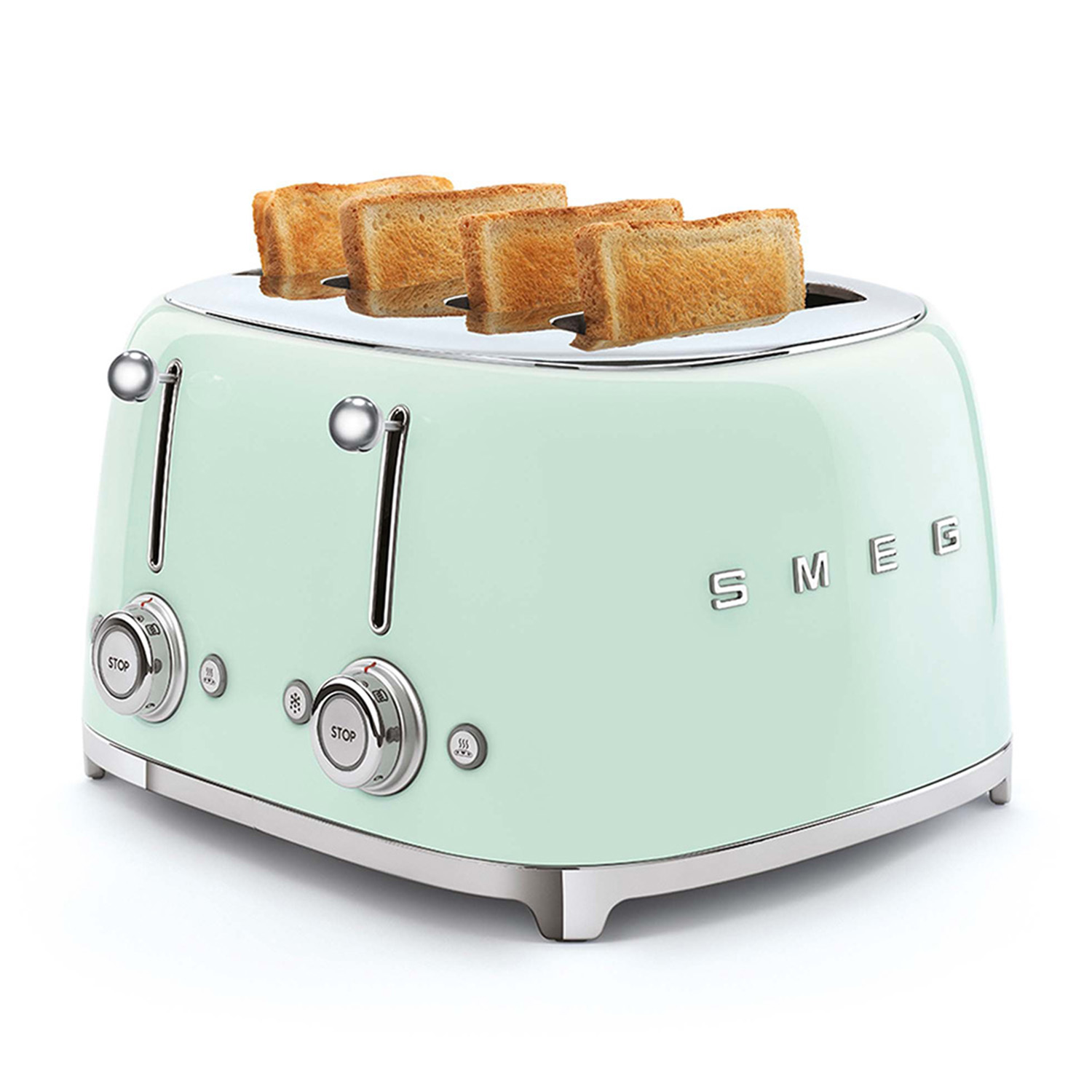 Un tostapane verde menta in stile retrò con quattro fette di pane tostato.