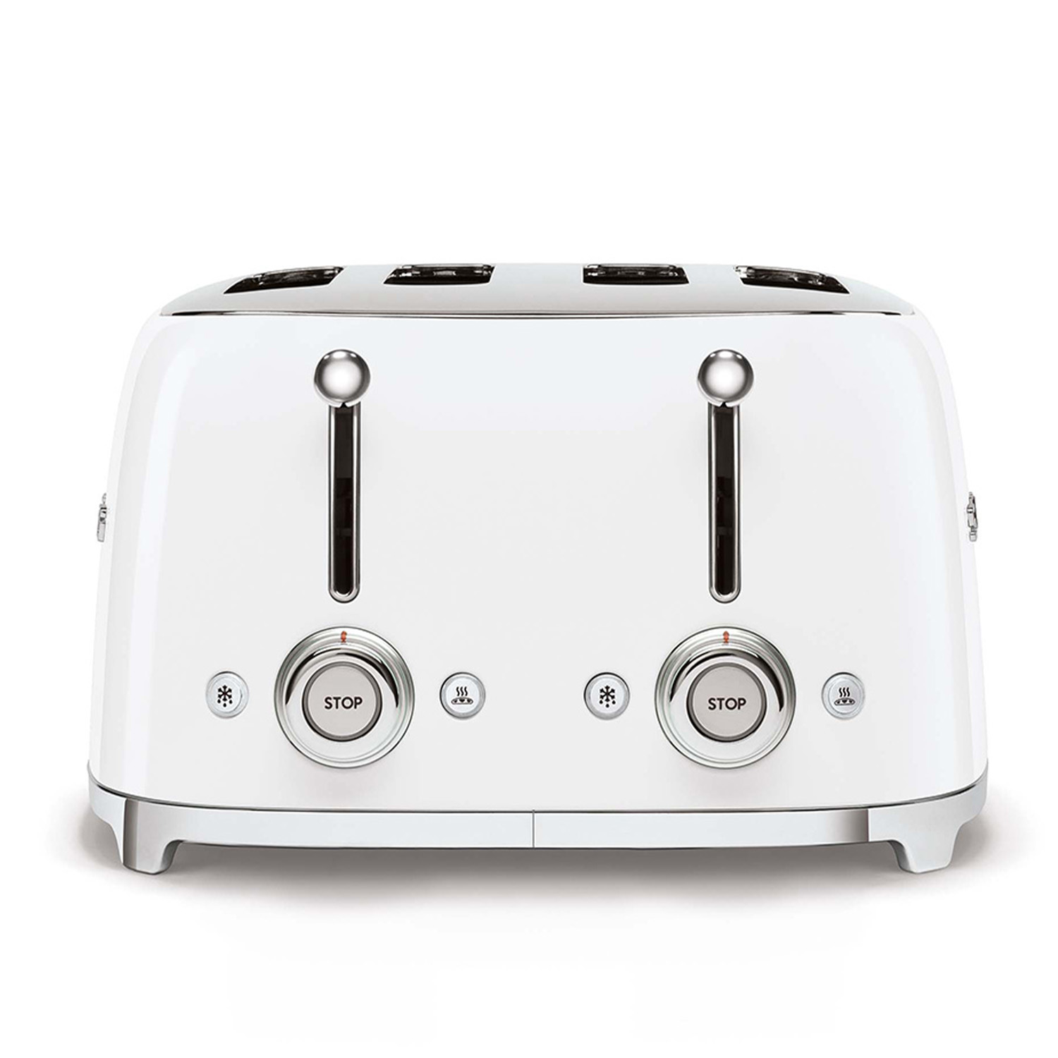 Un tostapane bianco, con due fessure, finiture cromate e due pulsanti stop. Base argentata.