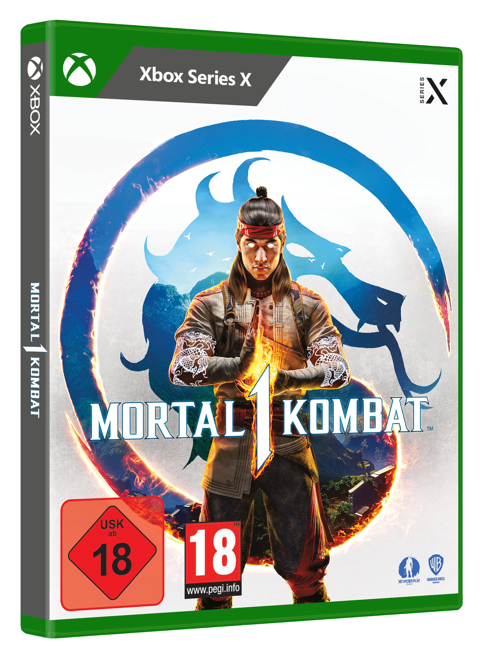 Xbox-Spielbox. Mortal Kombat 1. Es hat einen Charakter auf dem Cover und ist grün.