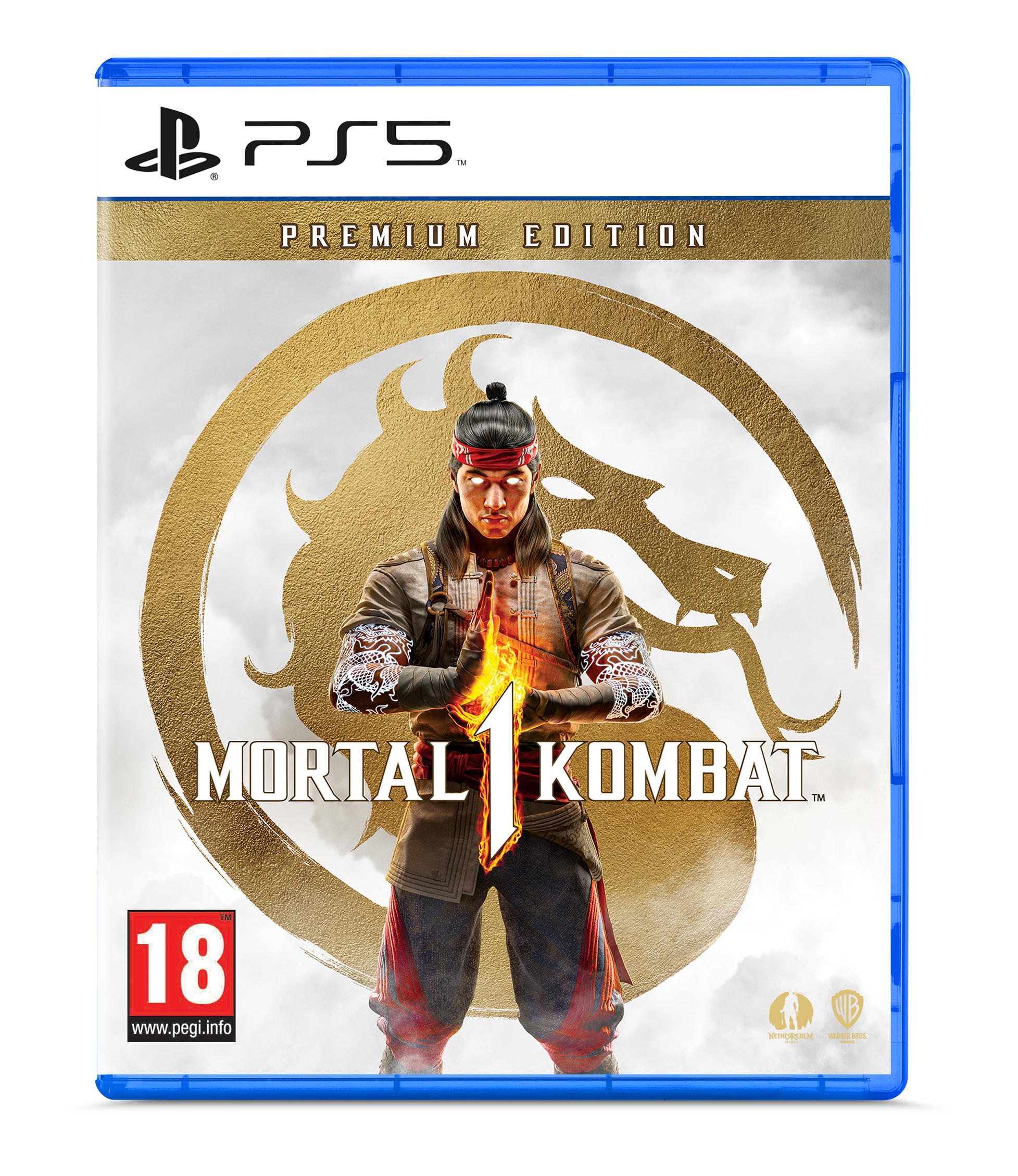 PS5-Spielcover für Mortal Kombat 1. Es zeigt einen Mann mit Feuer in den Händen und ein Drachenlogo.