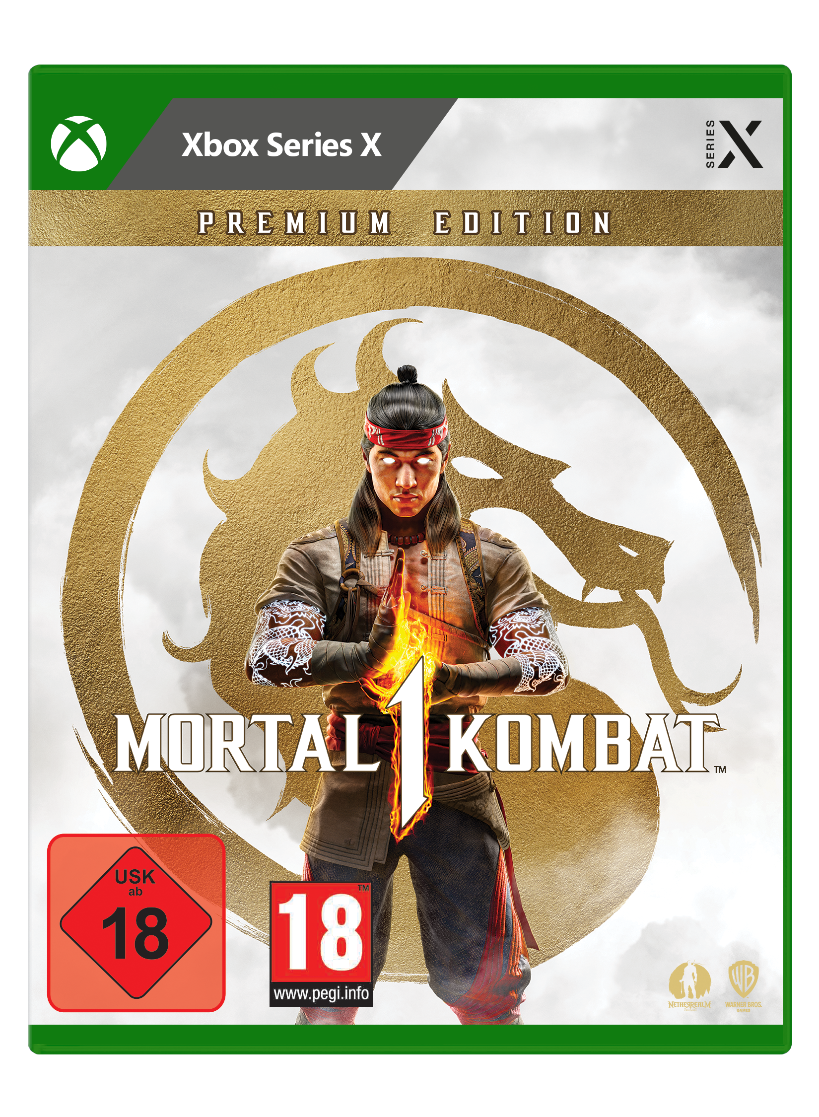 Mortal Kombat 1 Spielbox. Ein Mann mit Kopftuch steht im Zentrum, mit einem Drachenemblem und dem Spieletitel.