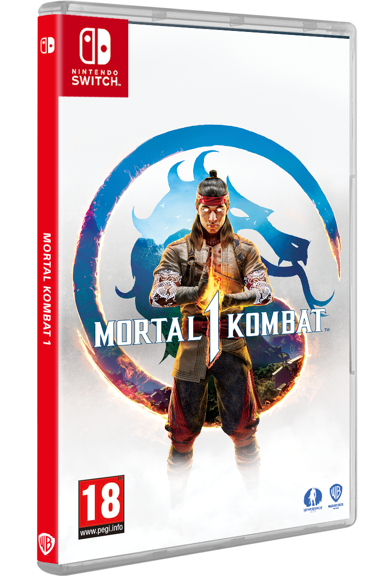 Mortal Kombat 1 Spielhülle für Nintendo Switch. Zeigt einen Mann mit rotem Stirnband und das Mortal Kombat Logo.