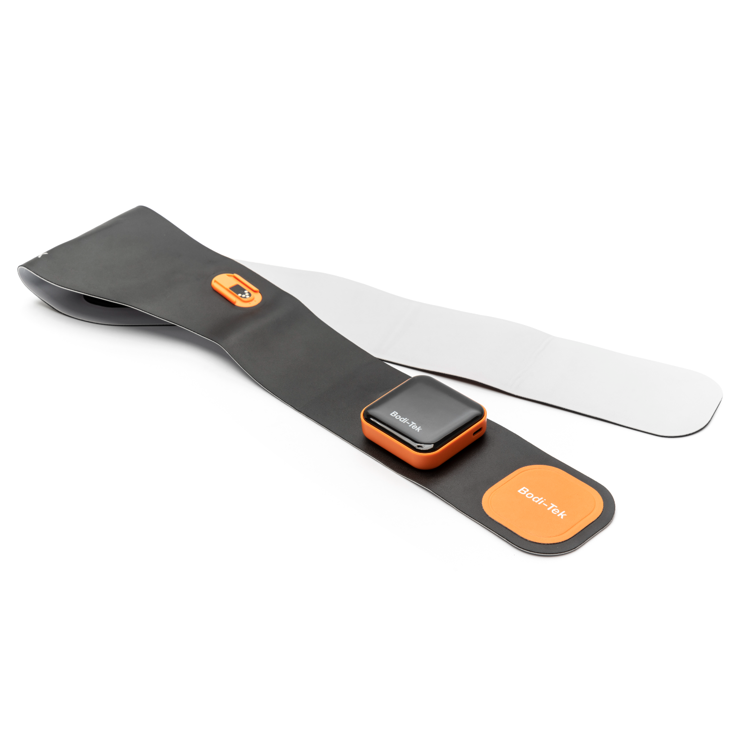 Black and orange Bodi-Tek device with a long, curved pad and a separate rectangular component.