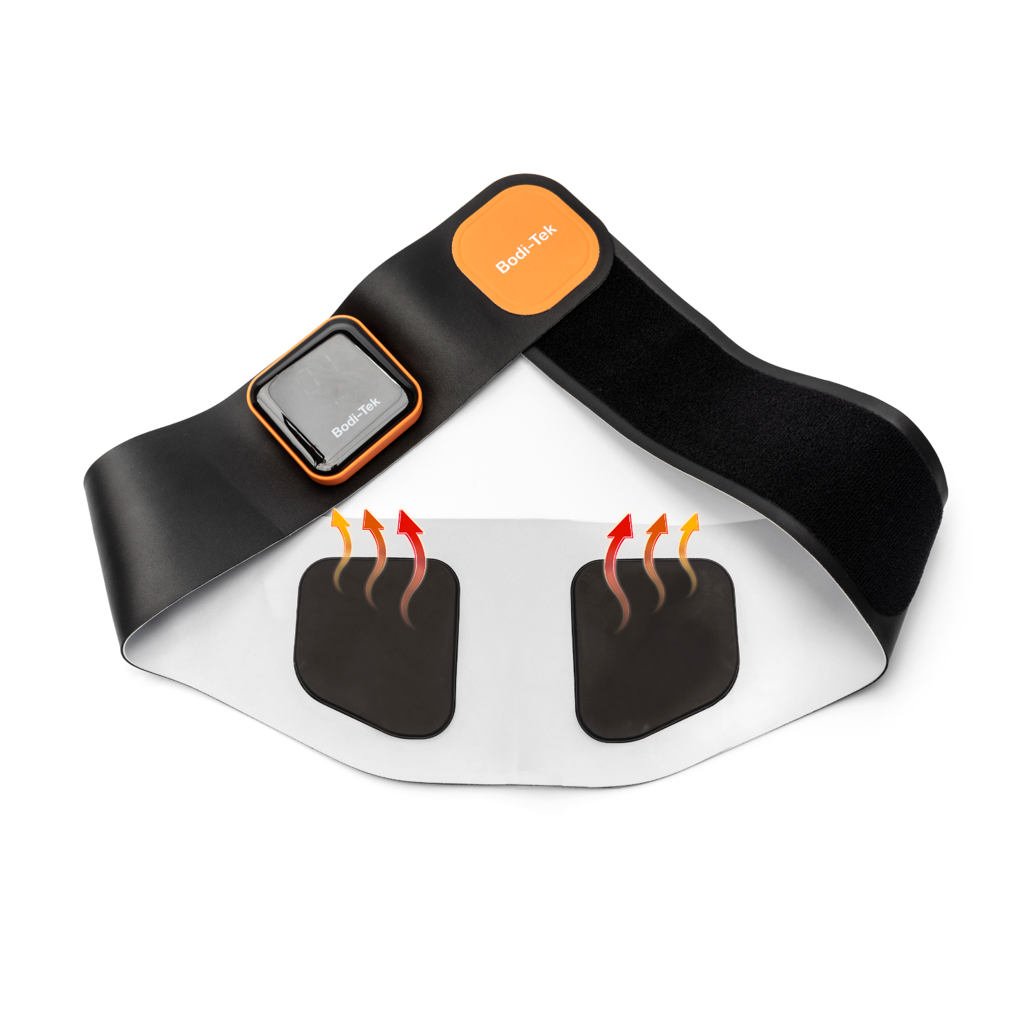Bodi-Tek belt. Black, with two square pads. Orange control unit. White background, arrows.