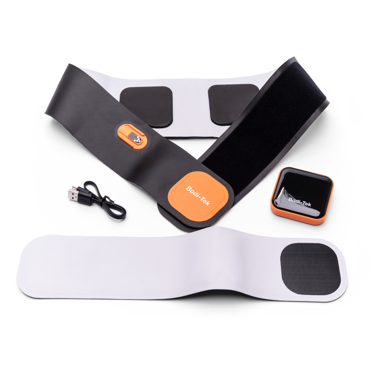 Bodi-Tek muscle stimulation device with multiple components arranged on a white surface.