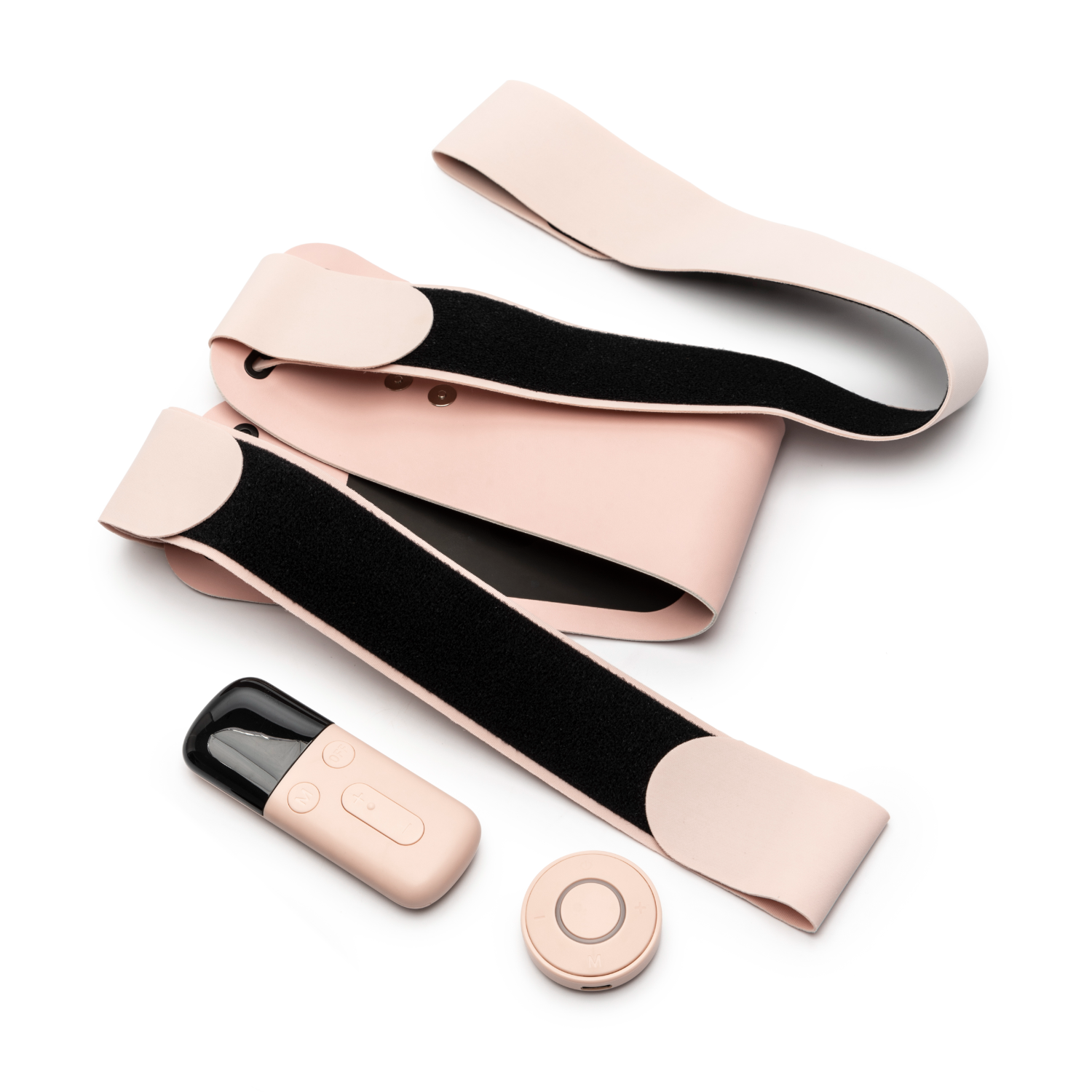 A set of pink exercise equipment: straps, a remote, and a control panel.