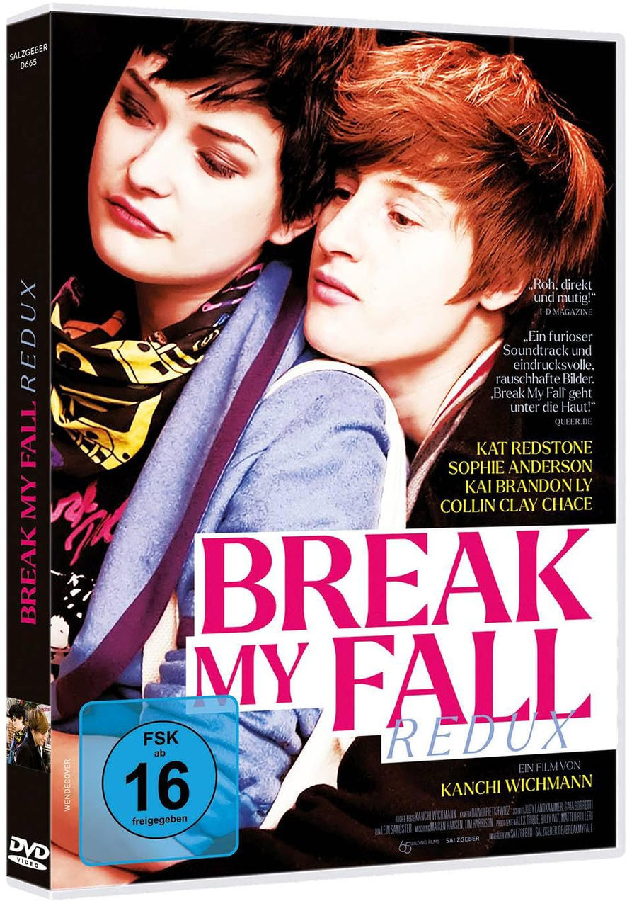 DVD-Cover: Zwei Frauen umarmen sich. Titel 'BREAK MY FALL REDUX'. Text und Bewertungssymbole. Dunkler Hintergrund.