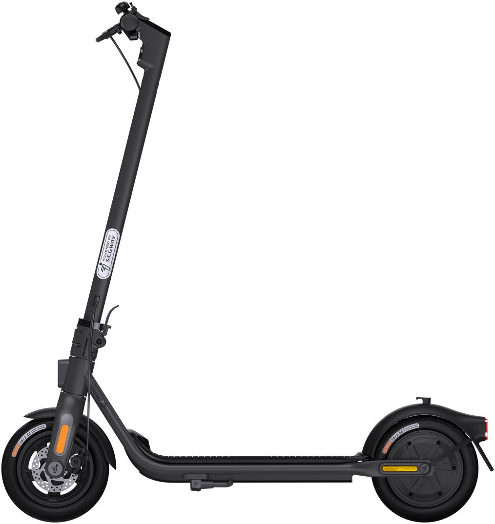 Schwarzer Segway Ninebot Elektroroller. Orange Akzente. Lenker und Räder sichtbar.