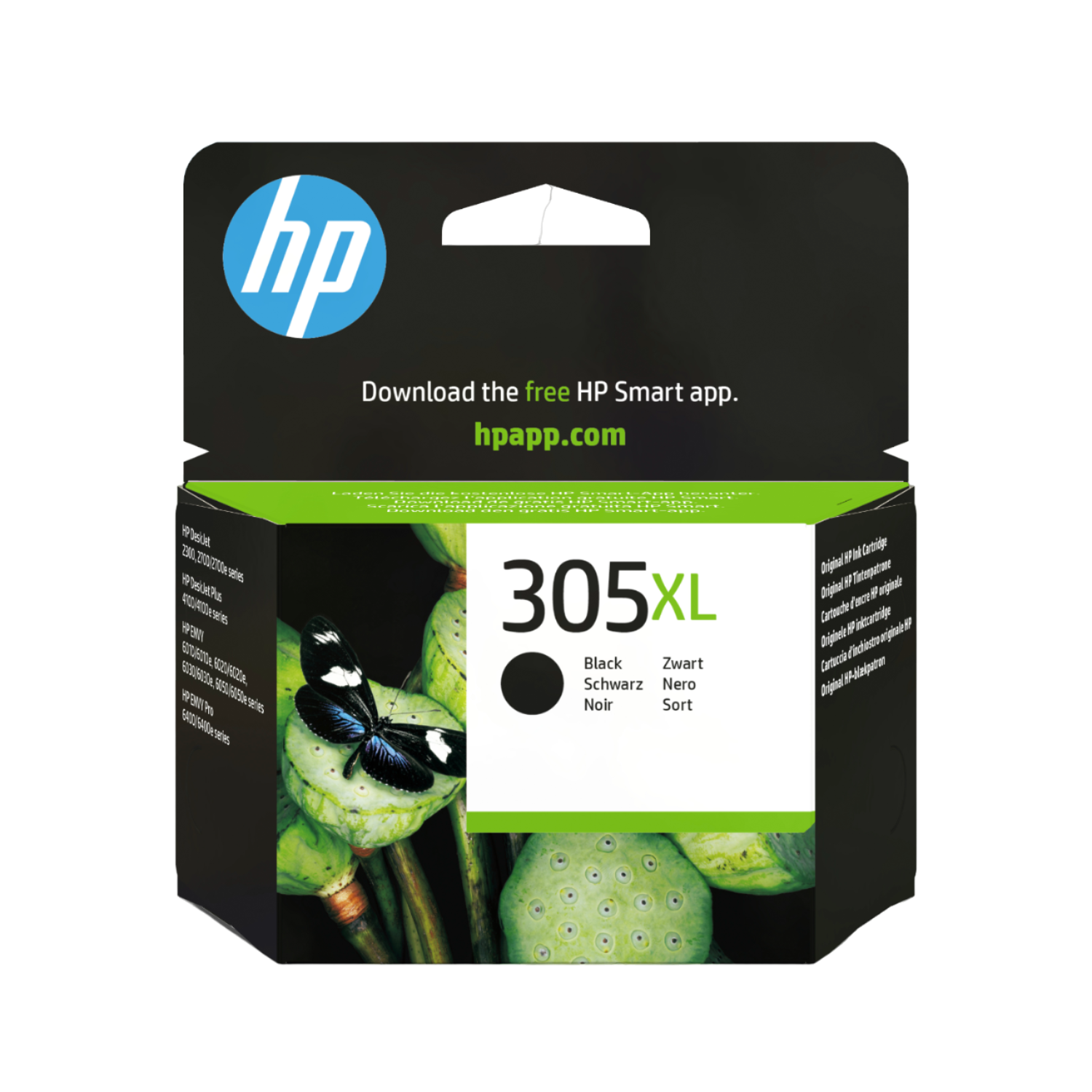 HP 305XL ink cartridge box. Black ink, a butterfly on lotus flowers, and the HP logo are visible.