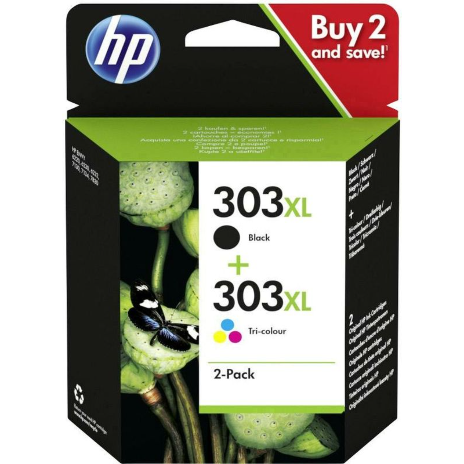 HP inktcartridge doos. Zwarte en driekleurige cartridges worden weergegeven. Lotusbloemen op de achtergrond.