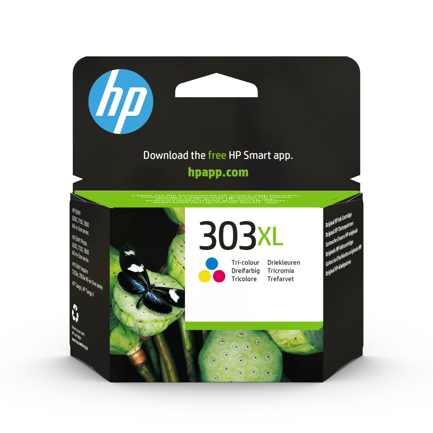 HP 303XL kleureninktcartridge doos met vlinder afbeelding. De doos staat op een wit oppervlak.