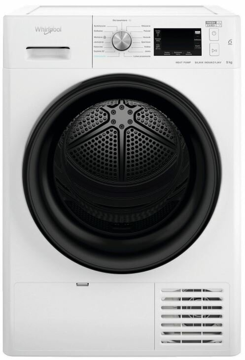 Biała suszarka Whirlpool, widok z przodu, z czarnymi drzwiami i panelem sterowania.