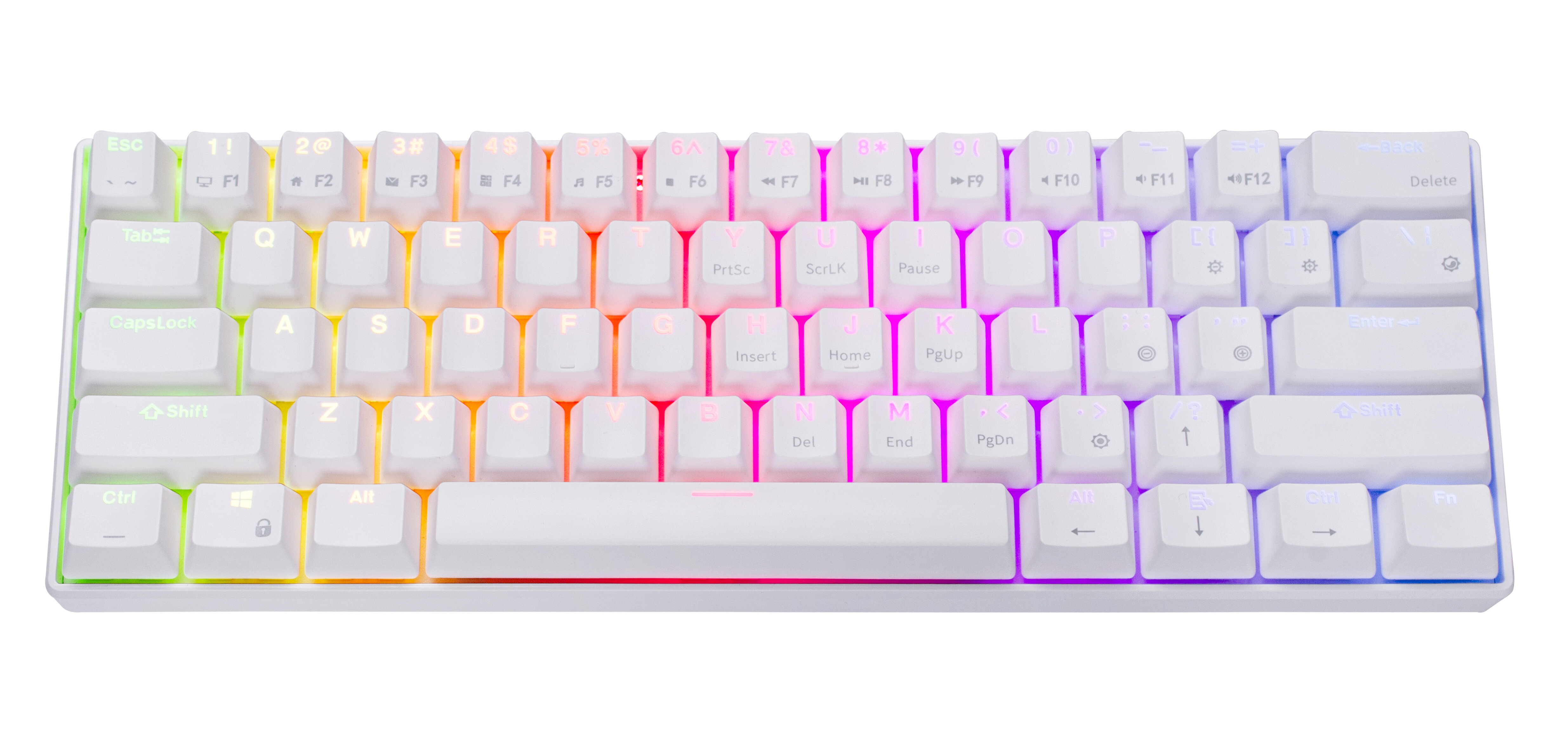 Biała klawiatura mechaniczna z tęczowymi klawiszami.