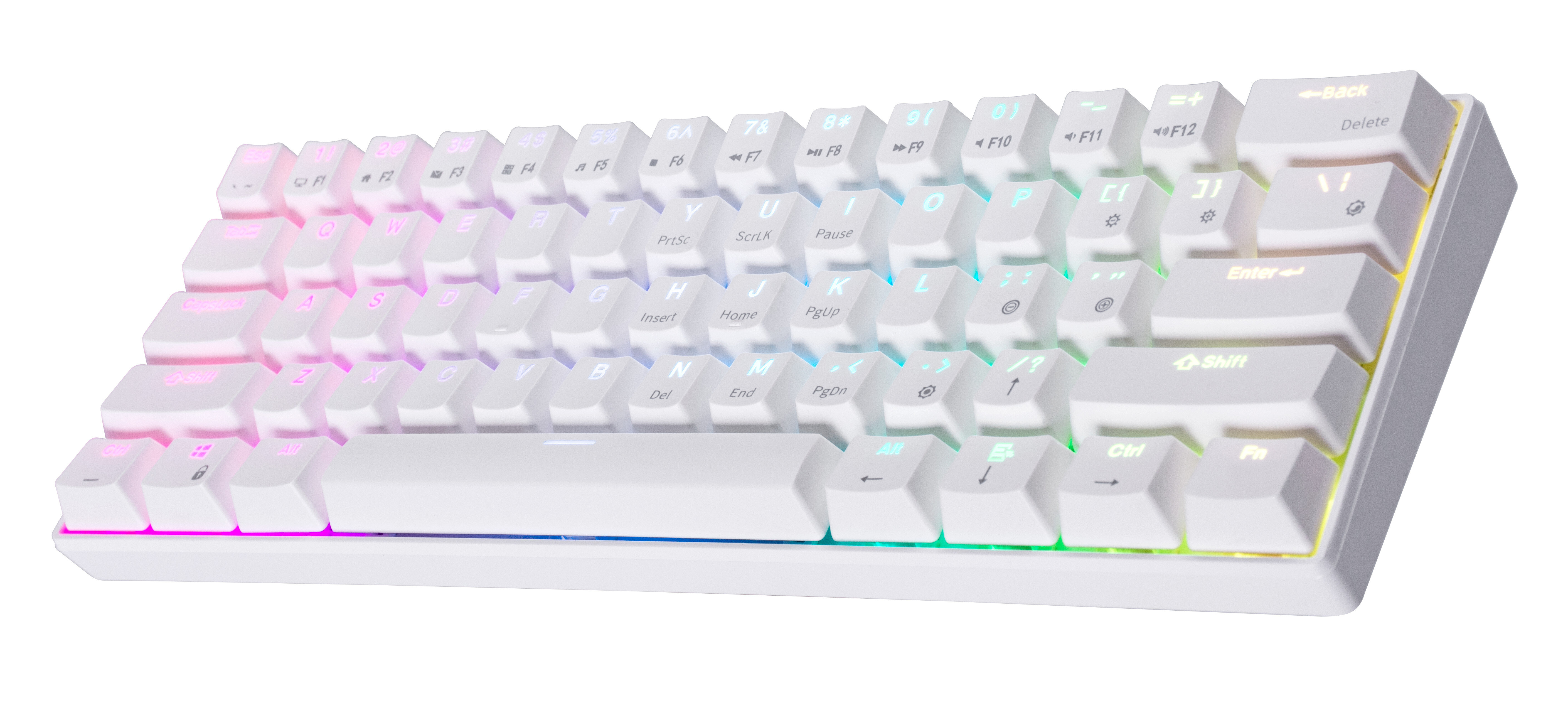 Biała, kompaktowa klawiatura z kolorowym podświetleniem. Klawisze są białe, a czcionka jest wyraźna.