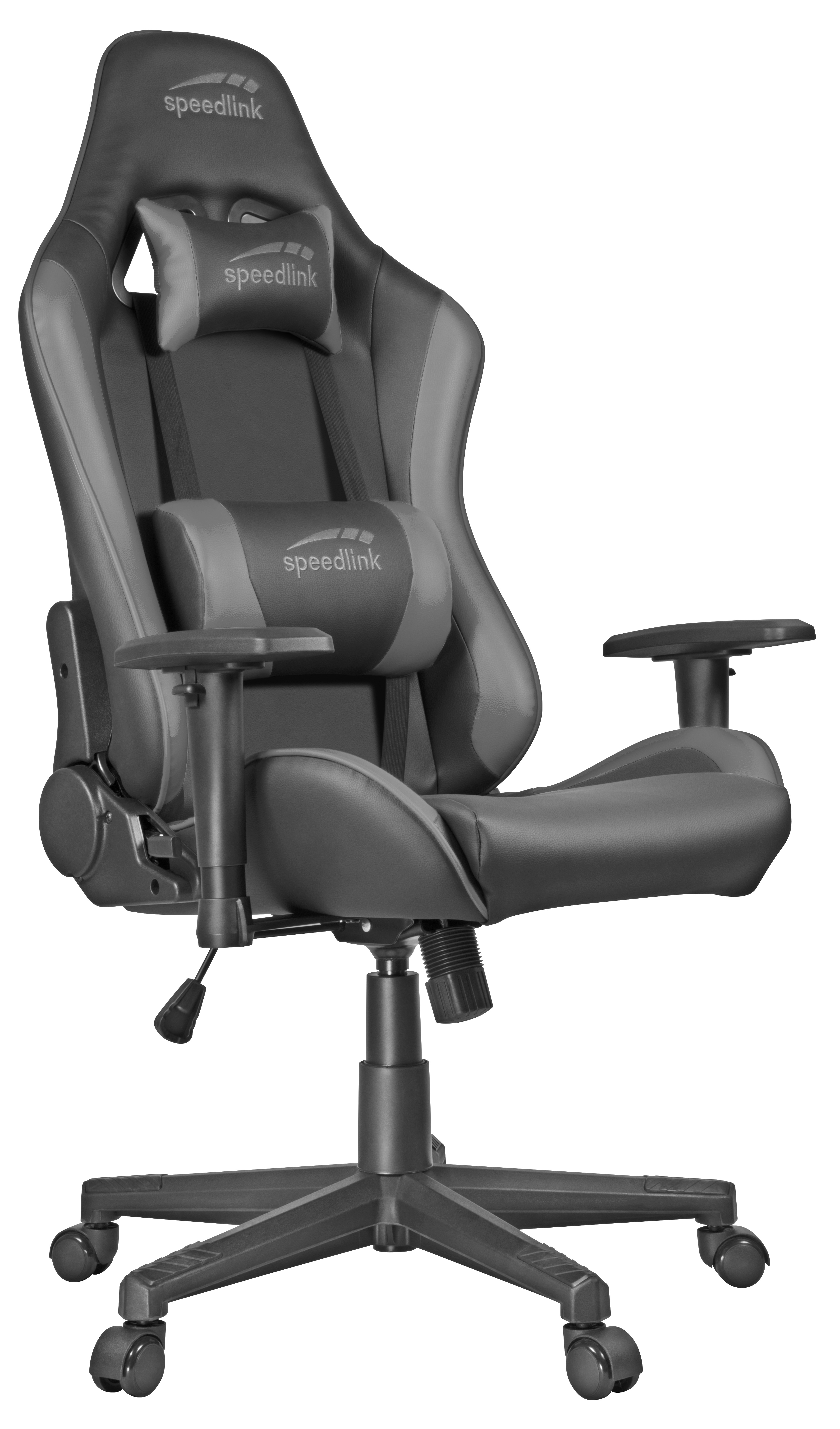 Schwarzer und grauer Gaming-Stuhl mit Kopfstütze und Armlehnen.