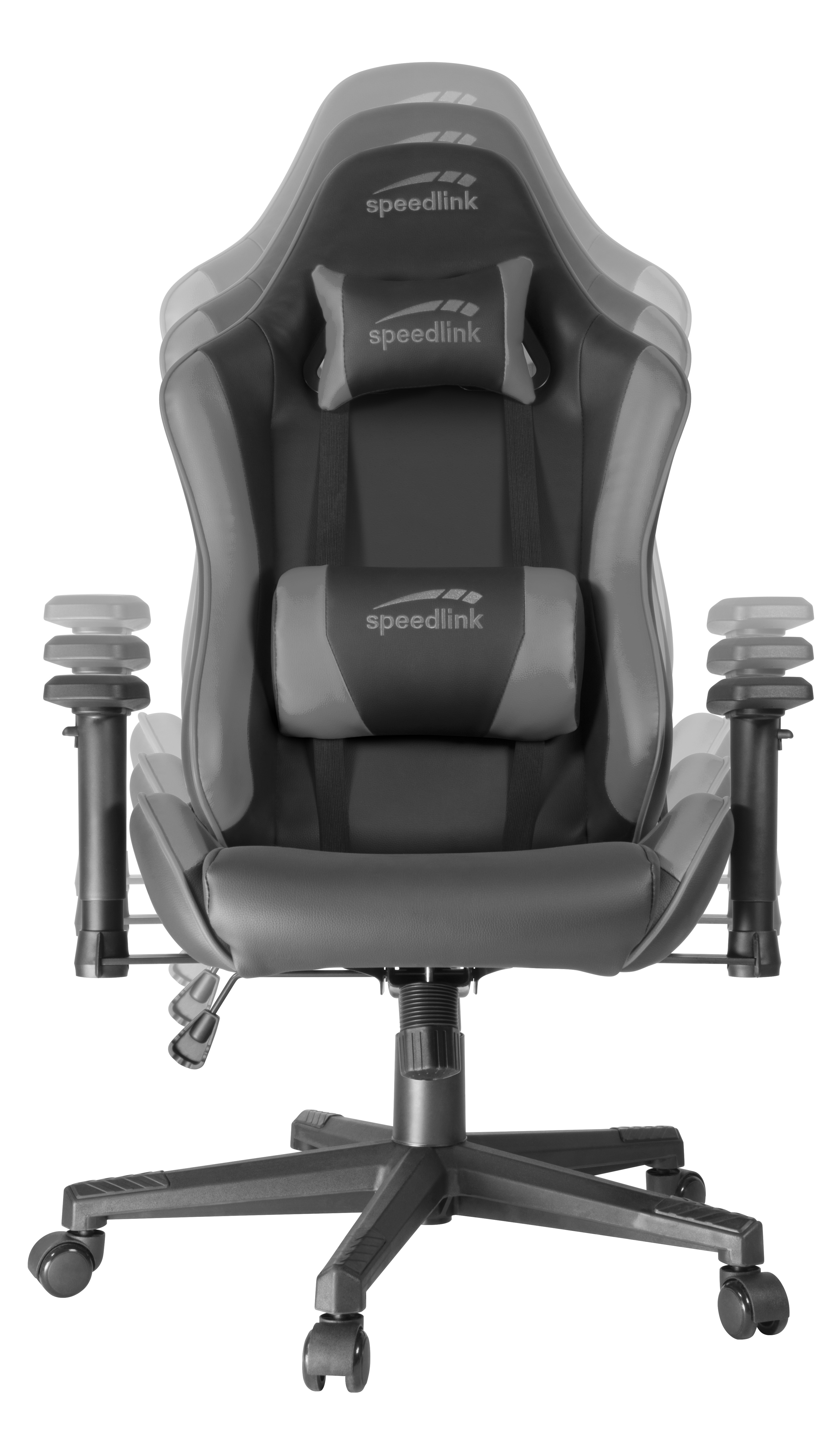 Ein schwarz-grauer Speedlink Gaming-Stuhl mit verstellbaren Armlehnen und Kopfstütze.