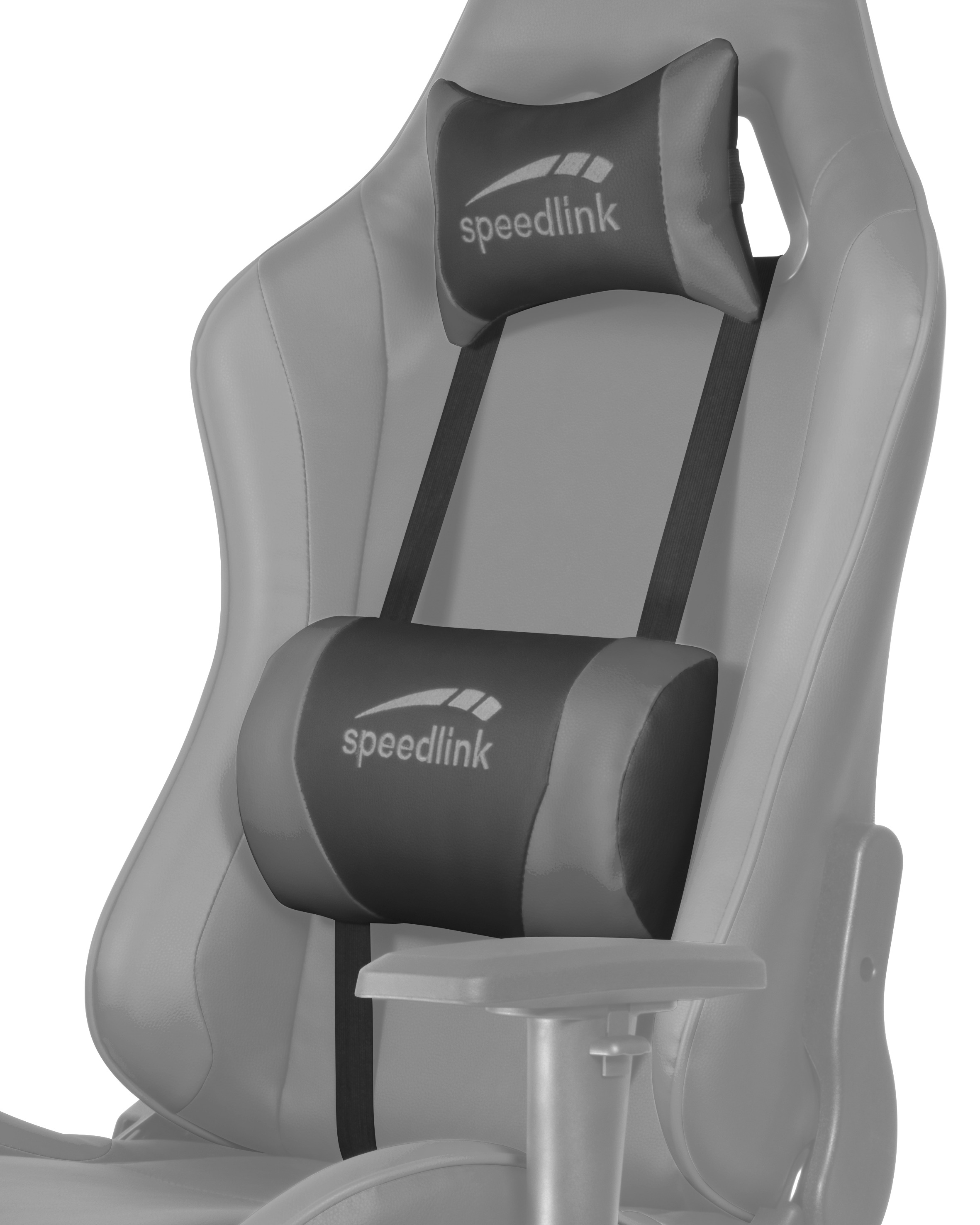 Gaming-Stuhl mit Kopfstütze und Lordosenstütze, beide mit 'speedlink' beschriftet.