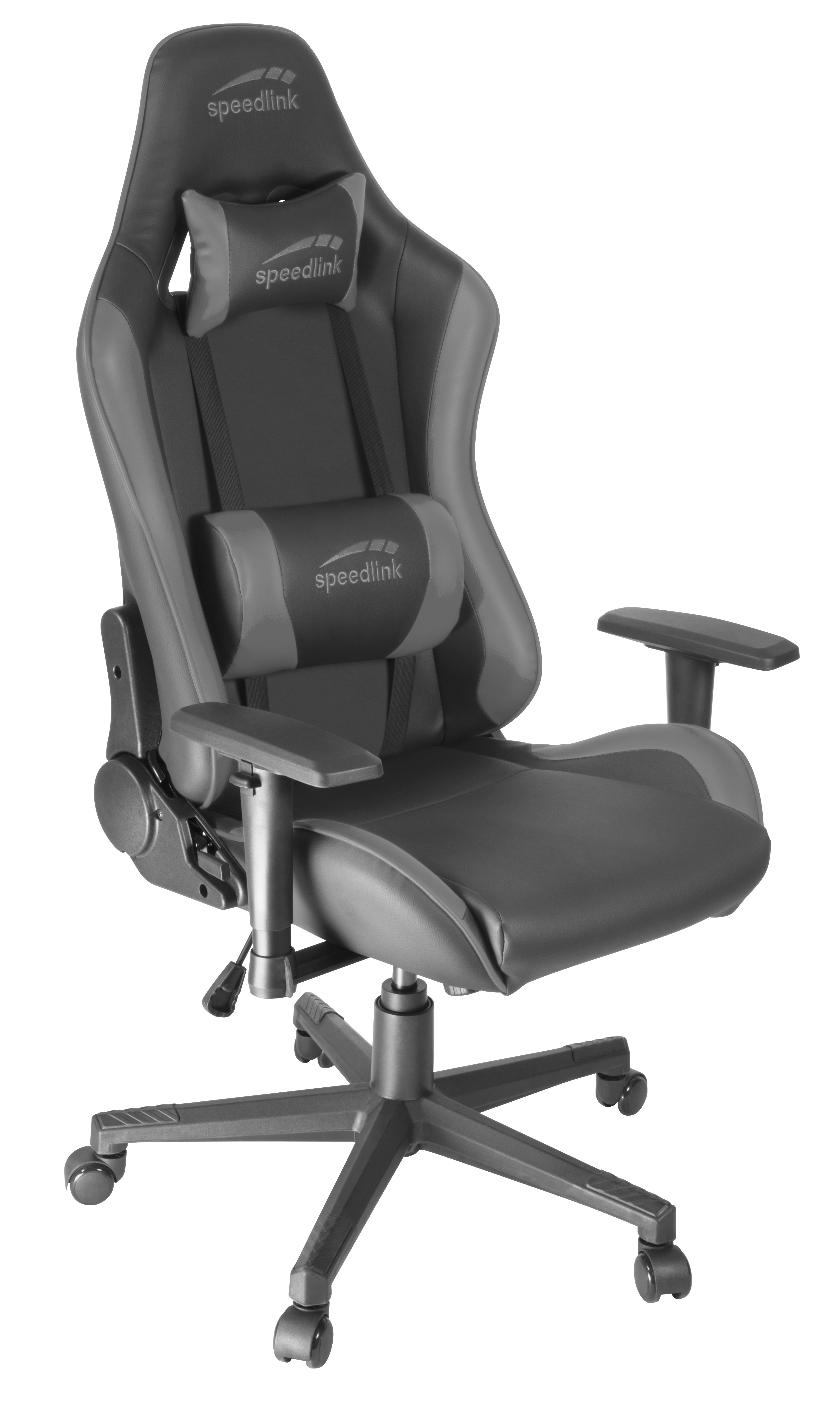 Ein schwarz-grauer Gaming-Stuhl auf weißem Hintergrund.