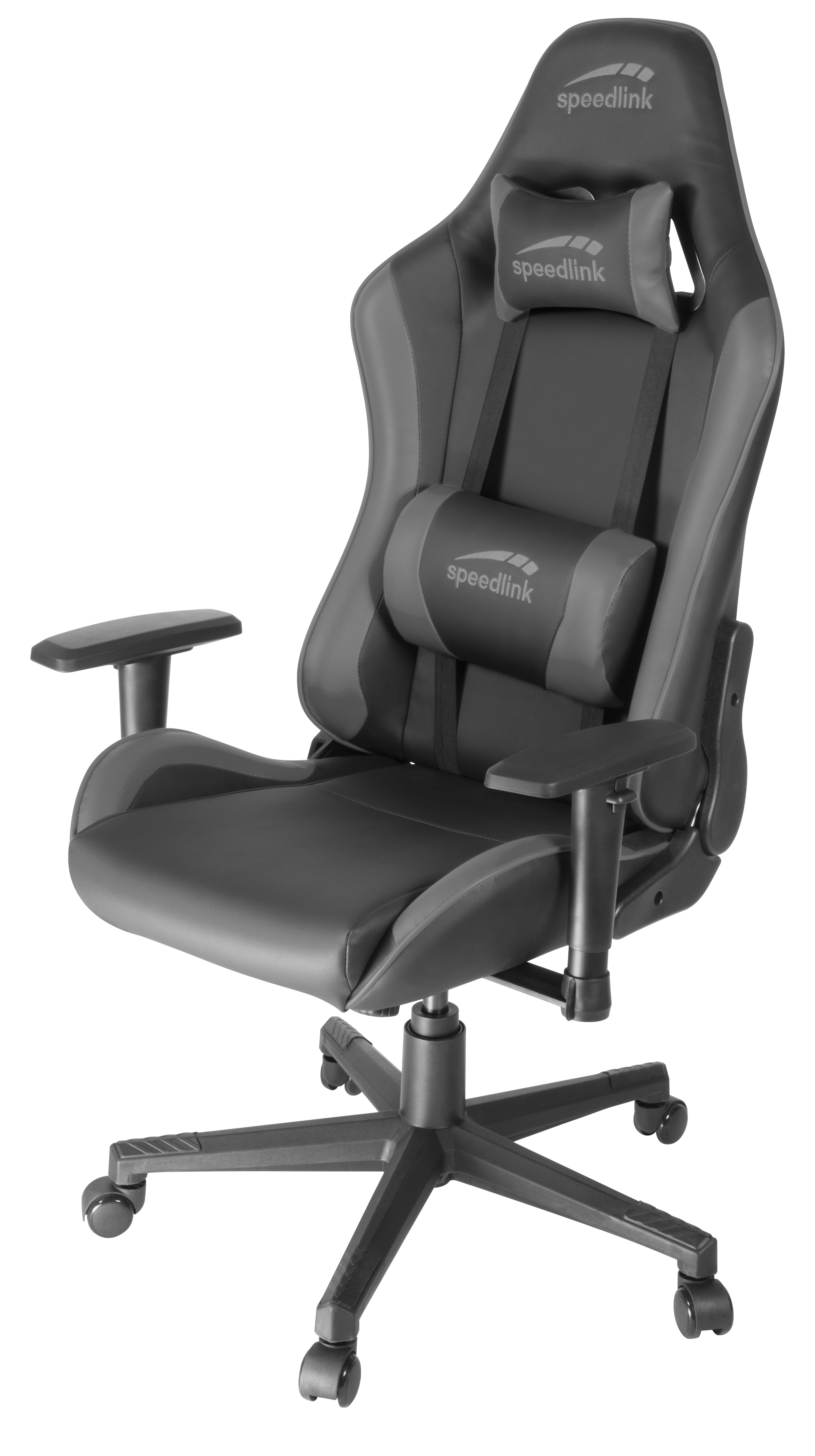 Ein schwarzer und grauer Speedlink Gaming-Stuhl mit Kopfstütze und Lendenwirbelstütze.