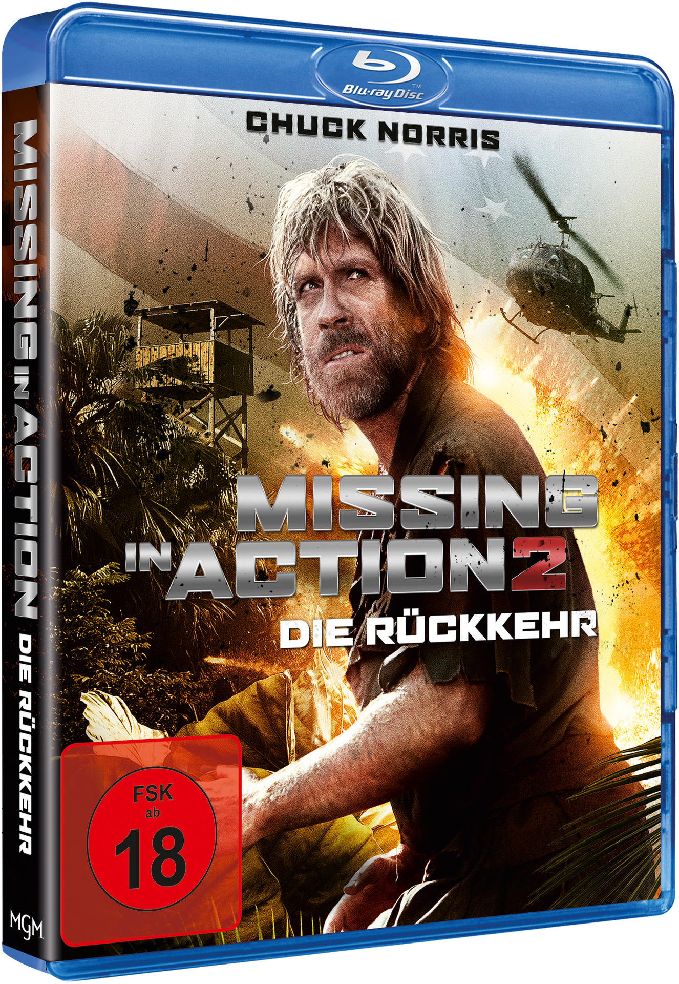 Blu-ray-Disc-Cover. Chuck Norris in einem Film mit dem Titel „Missing in Action 2“. Dschungel-Hintergrund.