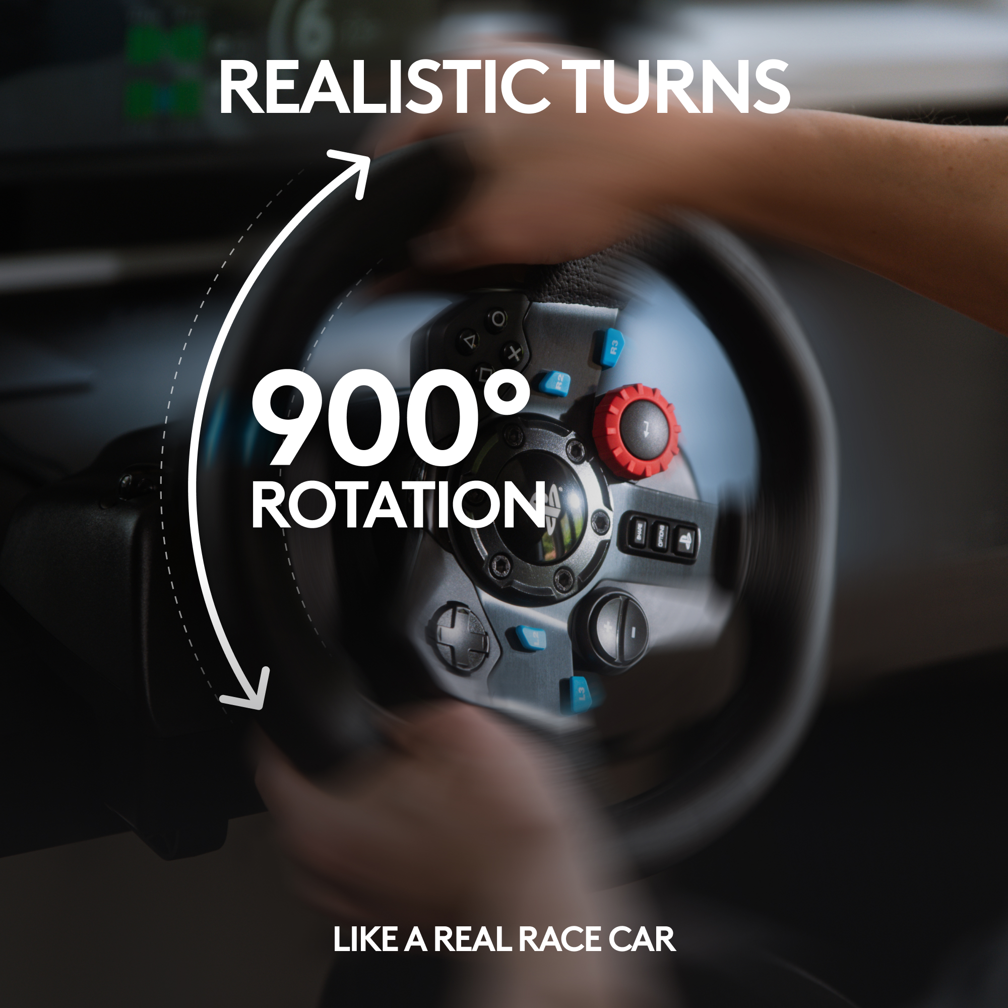 Volant avec texte : Virages réalistes rotation 900° comme une vraie voiture de course.
