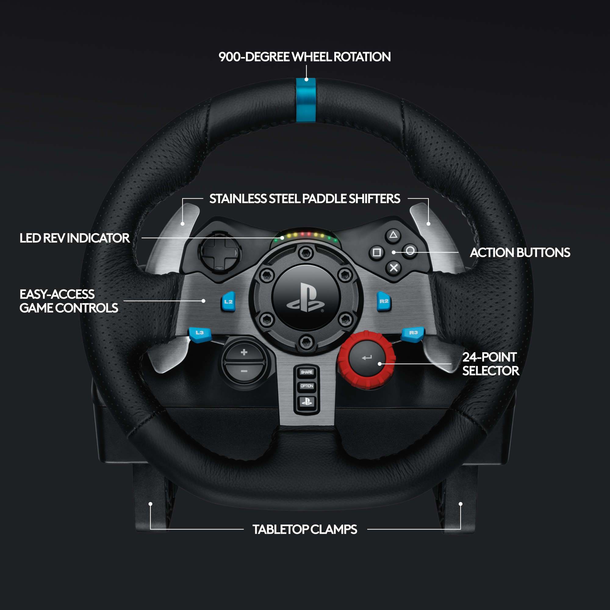 Volant noir avec boutons et bande bleue en haut. Palettes en acier inoxydable.