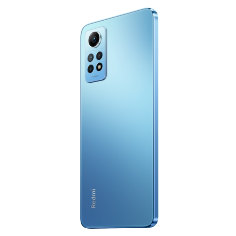 Mavi akıllı telefon, çoklu kameralar ve Redmi logosu ile arka görünüm.