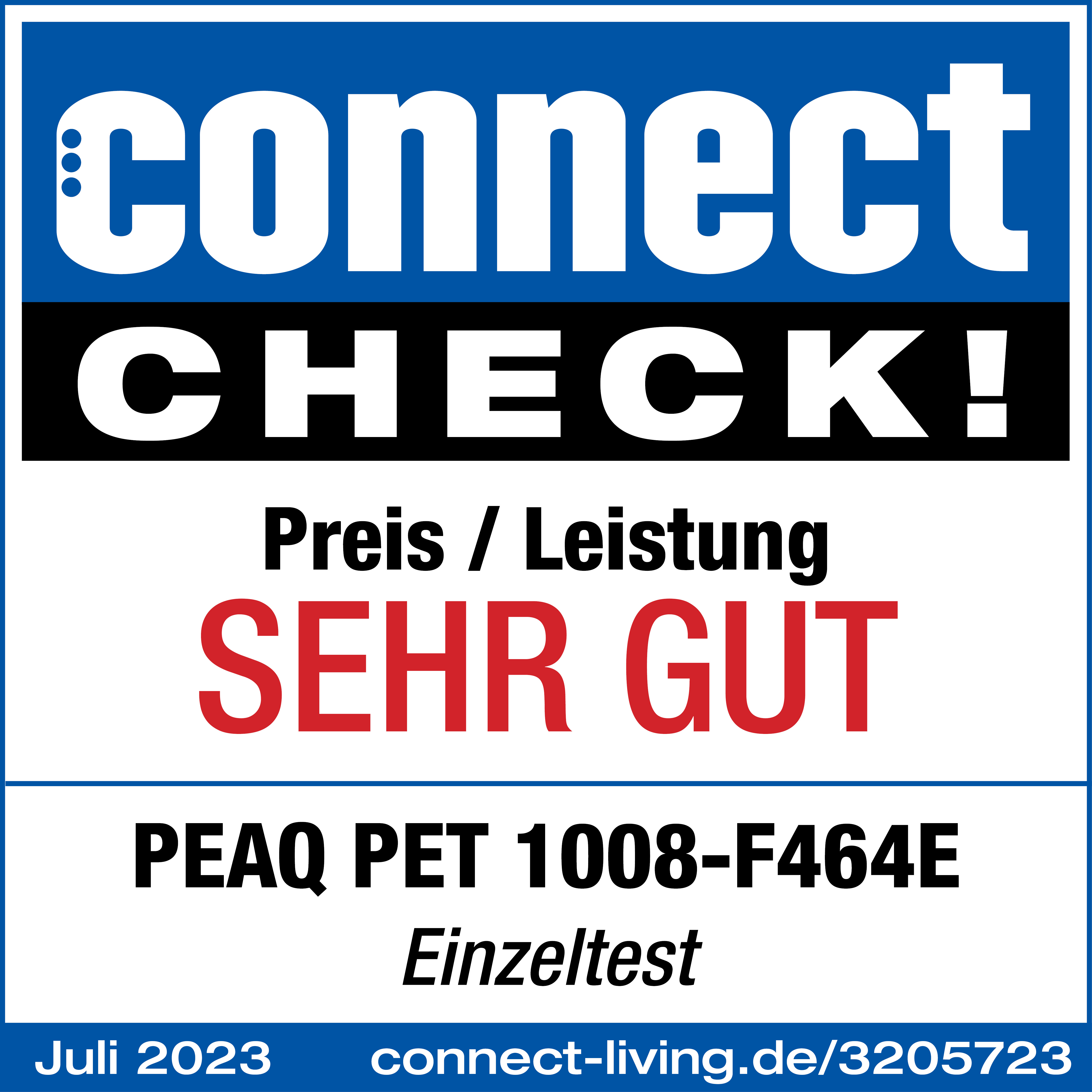 Connect Check mit Bewertung 'SEHR GUT' für PEAQ PET 1008-F464E, Juli 2023.
