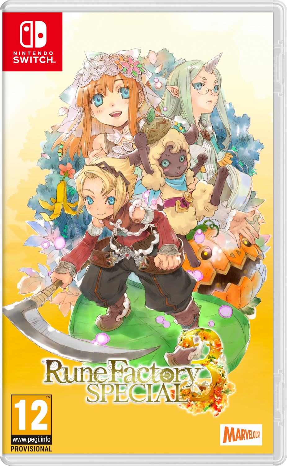 Boîte de jeu Rune Factory Special. Les personnages sont présentés sur la face avant. Le jeu est pour Nintendo Switch.