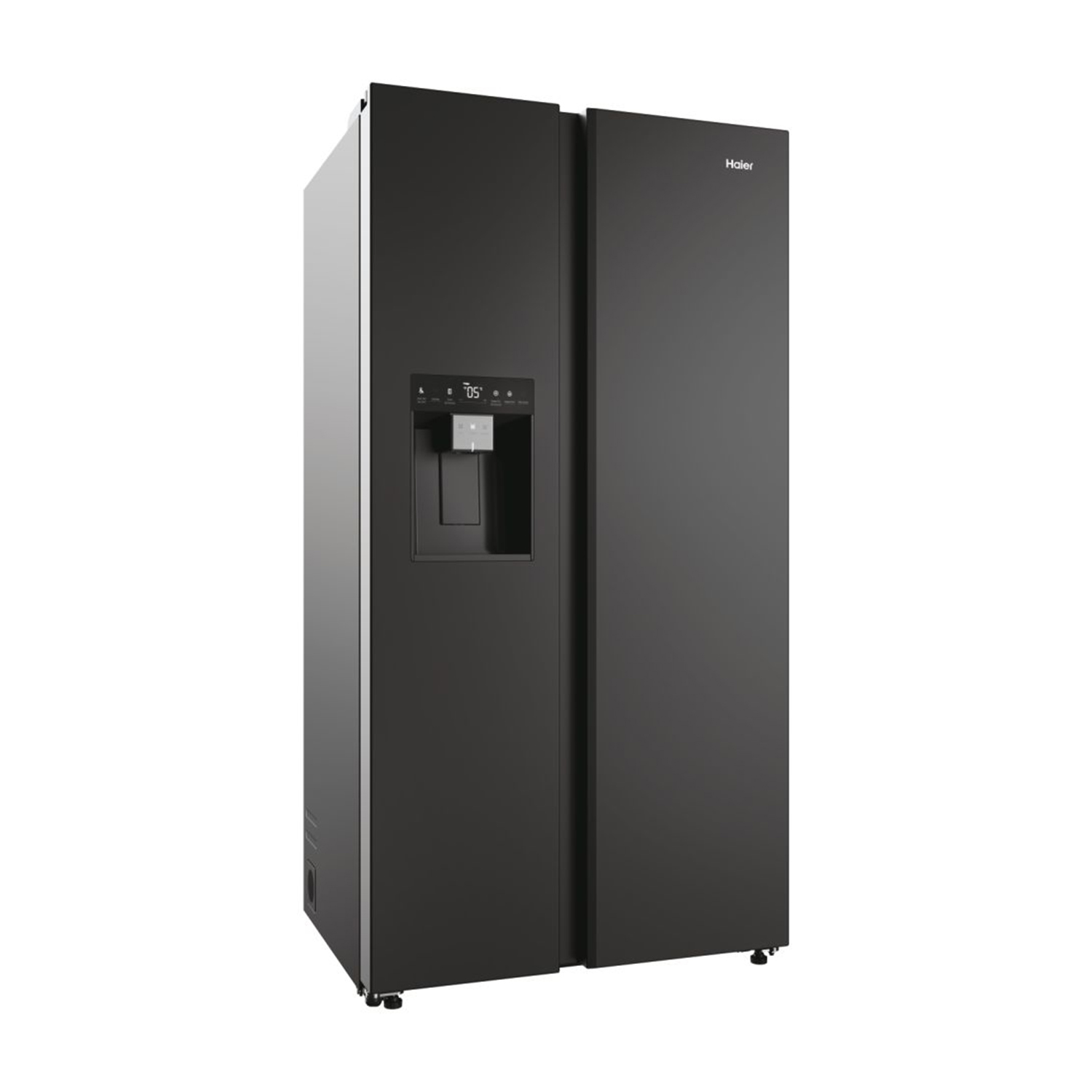 Frigorifero nero con dispenser. Logo "Haier" visibile.
