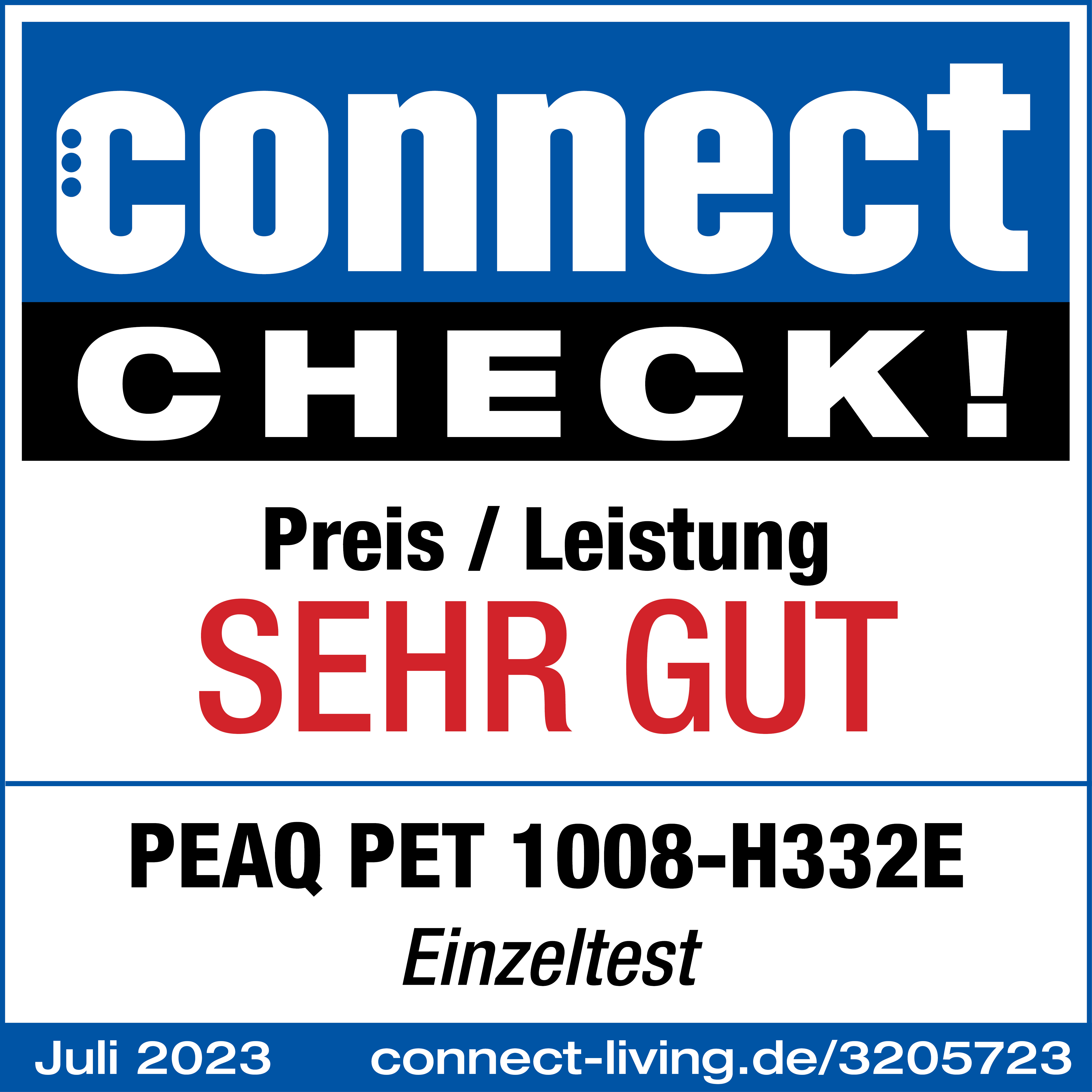 Connect Check mit Bewertung 'SEHR GUT' für PEAQ PET 1008-H332E, Juli 2023.