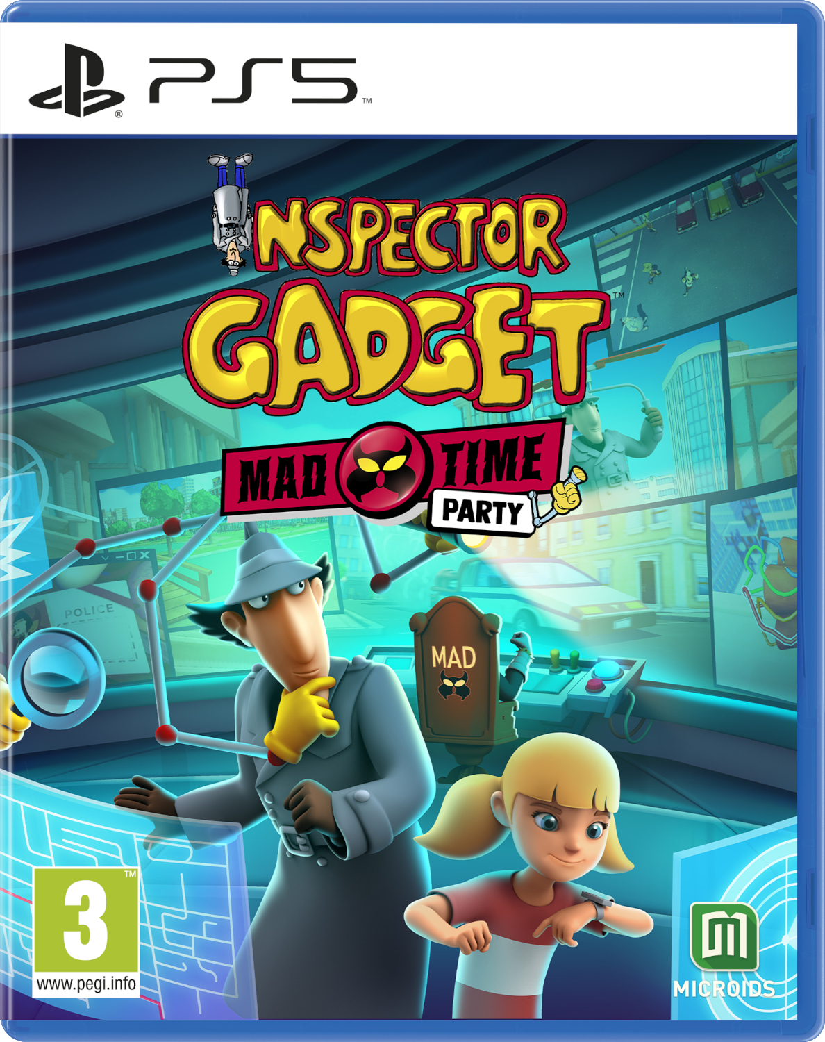 PS5-gamebox: Inspector Gadget: Mad Time Party. Personages: Inspector Gadget, Penny en Mad.