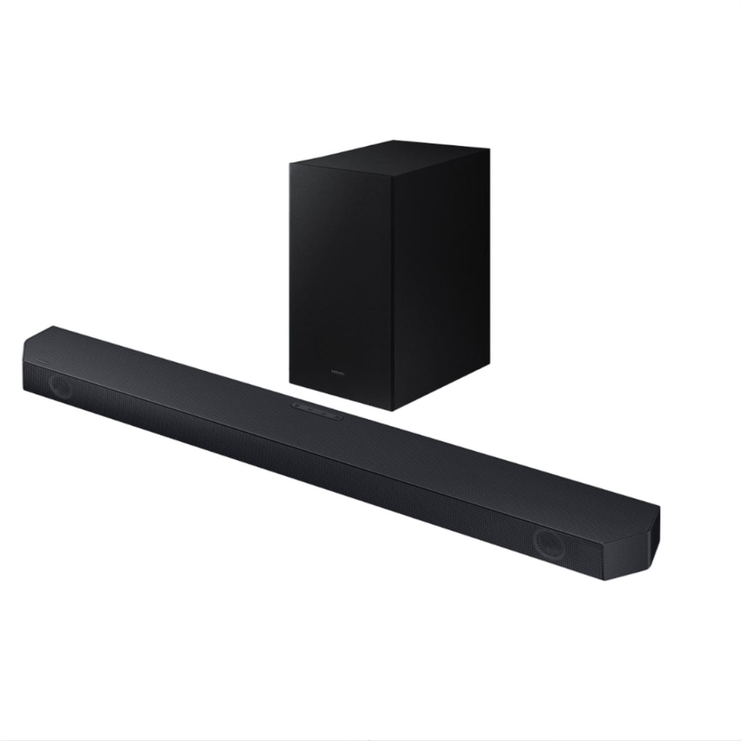 Zwarte soundbar en subwoofer set. Soundbar is lang, zwart en rechthoekig. Subwoofer is een zwarte kubus.
