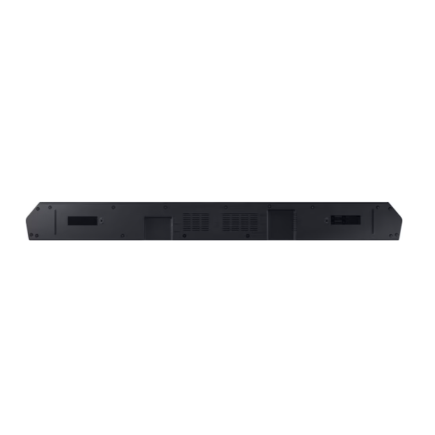 Zwarte soundbar met meerdere poorten en luidsprekerroosters op een witte achtergrond.