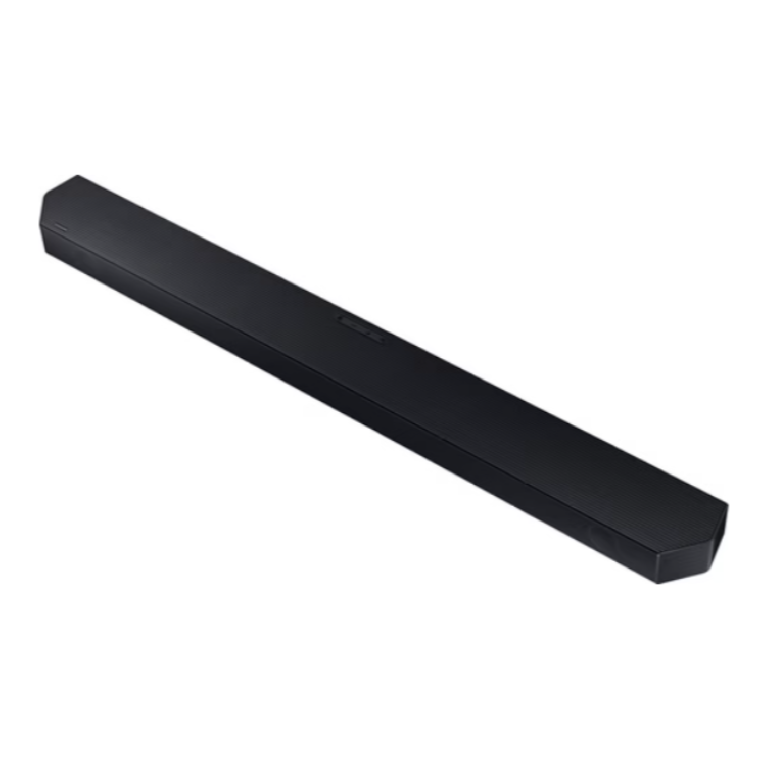Zwarte soundbar op een witte achtergrond. De soundbar heeft een strakke, rechthoekige vorm.