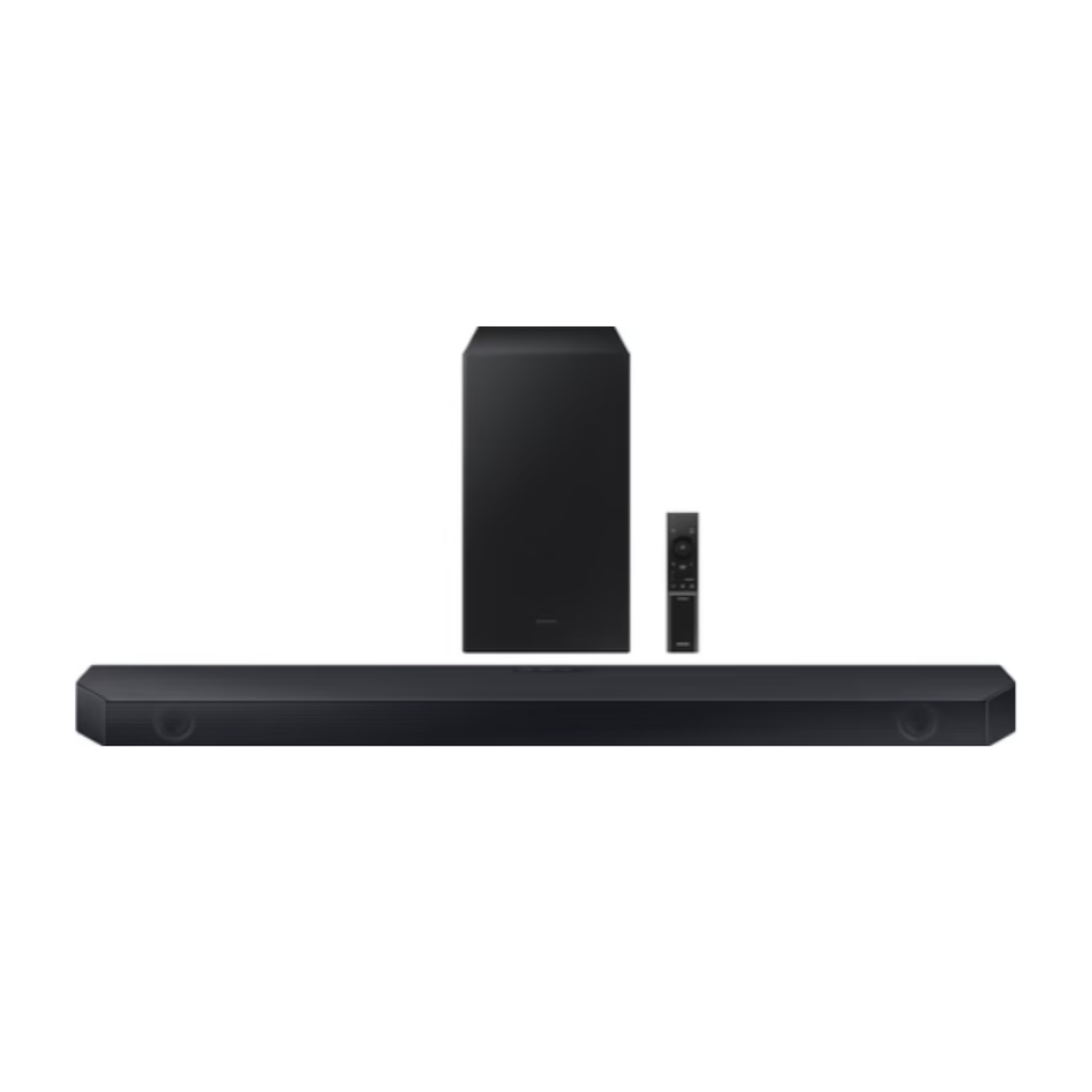 Zwarte soundbar, subwoofer en afstandsbediening op zwarte achtergrond.