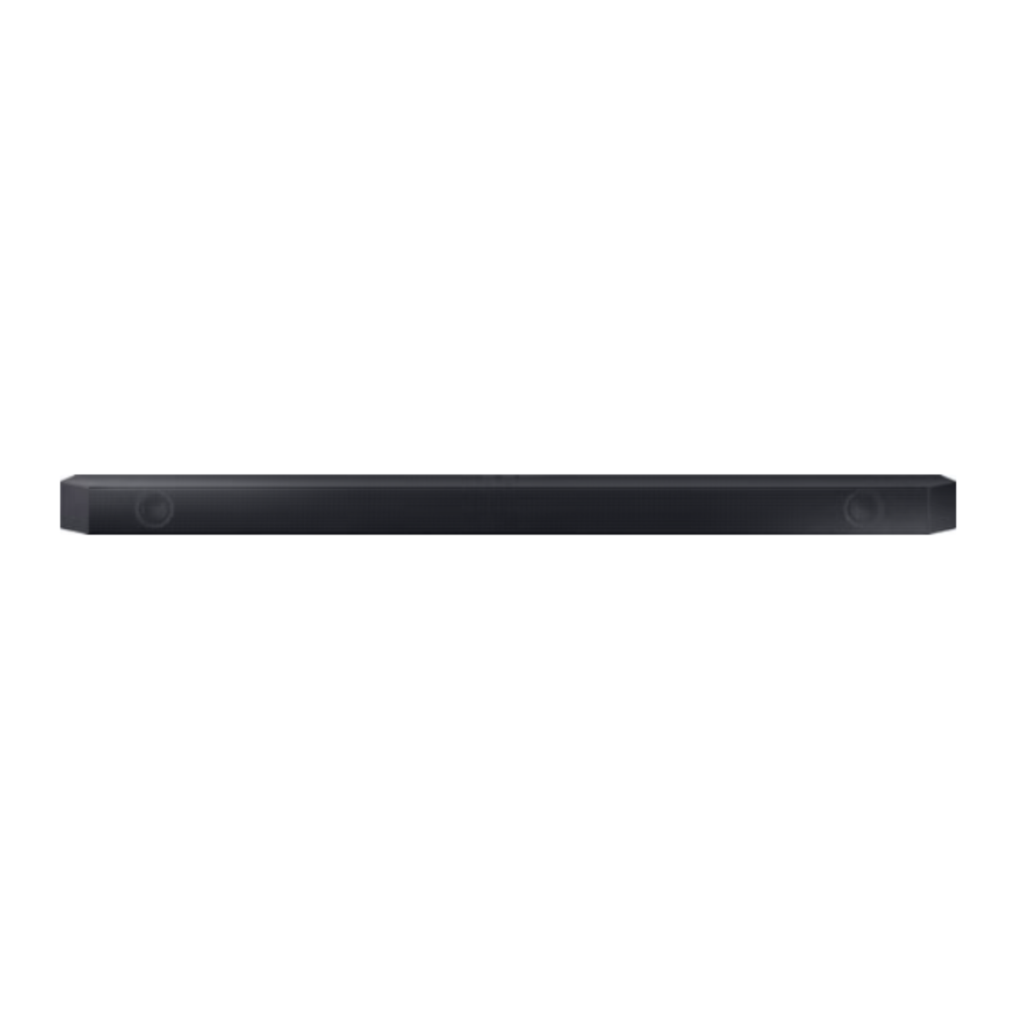 Een zwarte soundbar tegen een witte achtergrond. De balk is lang en rechthoekig.