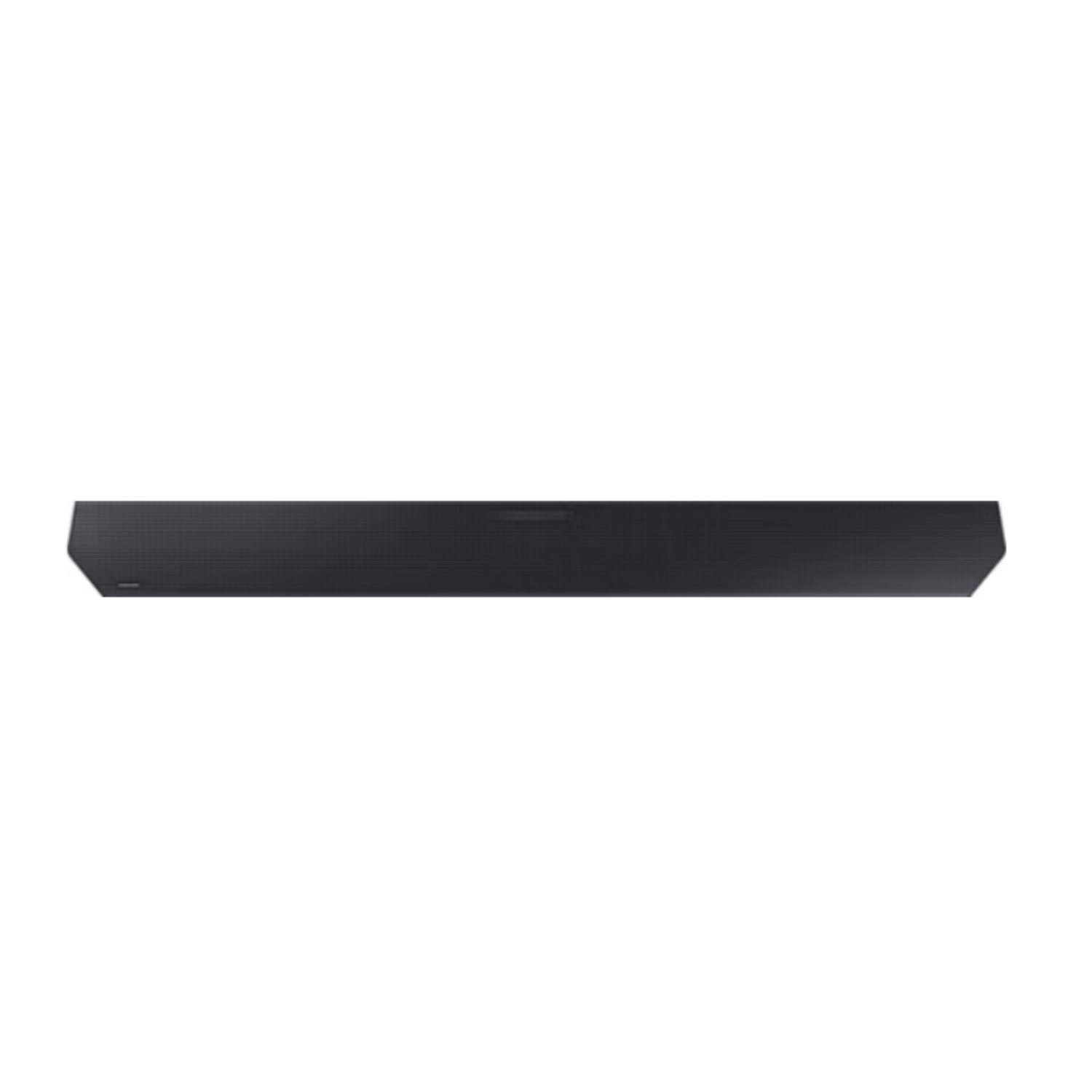 Een lange, zwarte soundbar. Deze ligt op een witte achtergrond.