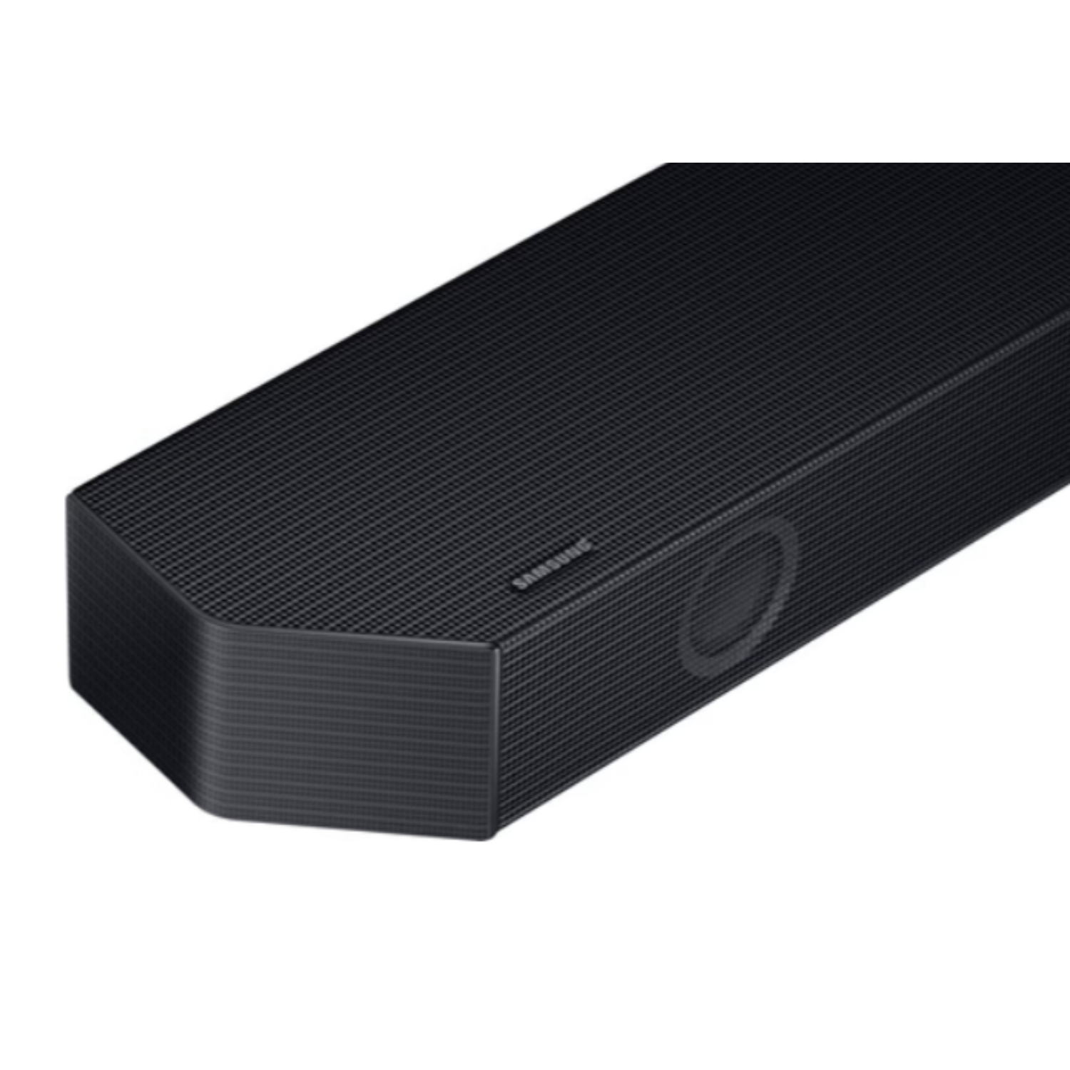 Zwarte soundbar met afgeronde randen, een luidsprekerrooster zichtbaar aan de zijkant.