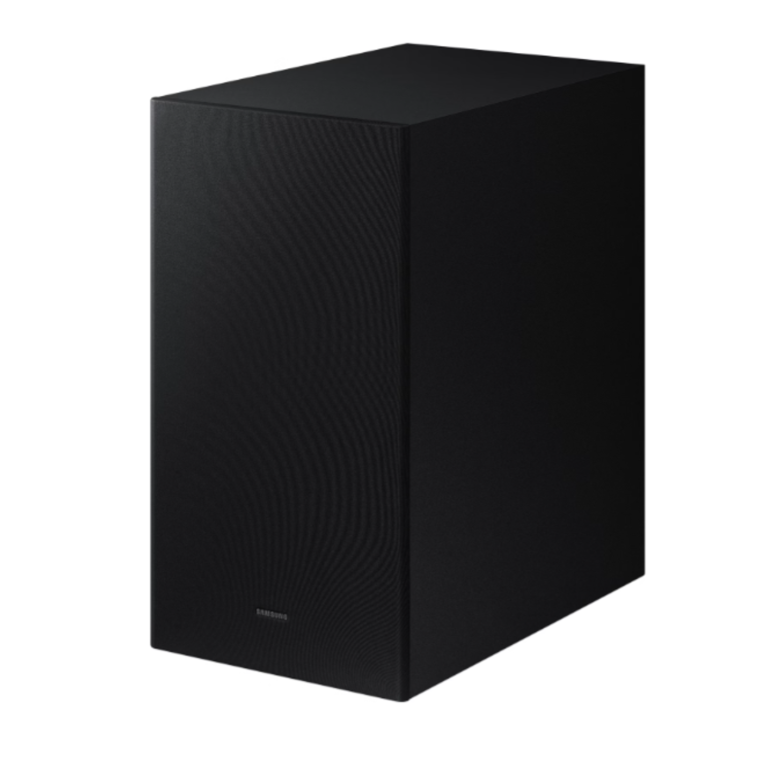 Zwarte Samsung subwoofer op een witte achtergrond. Het is een rechthoekige doos.