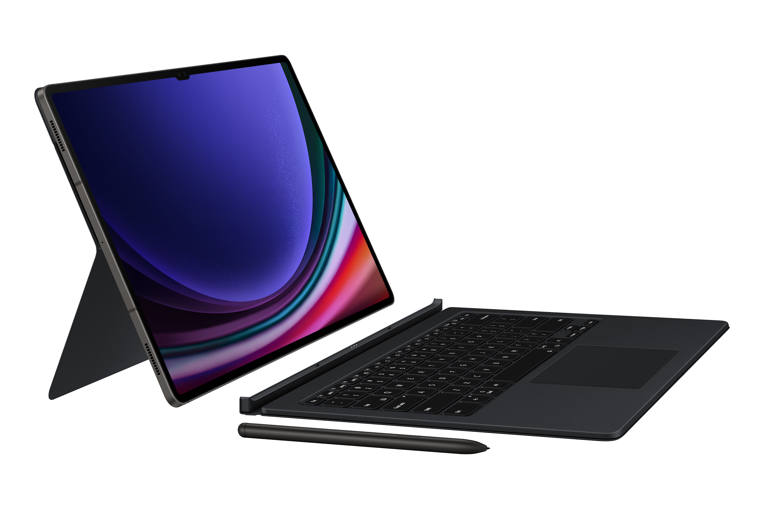 Takılı klavyeli, kalemli ve renkli bir görüntü gösteren ekranlı tablet.