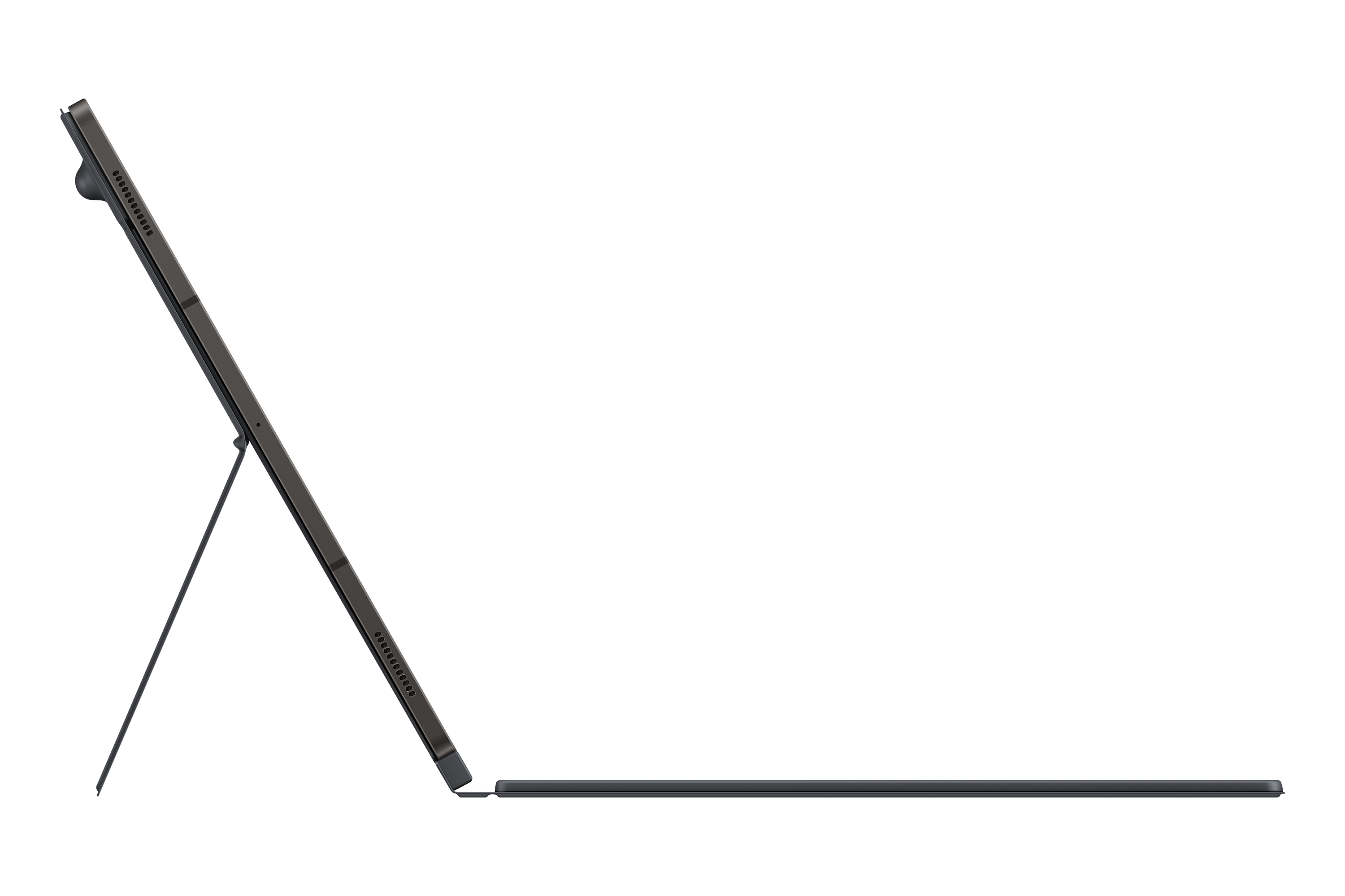Yan görünümde klavyeli tablet. Klavye bağlı ve açık.