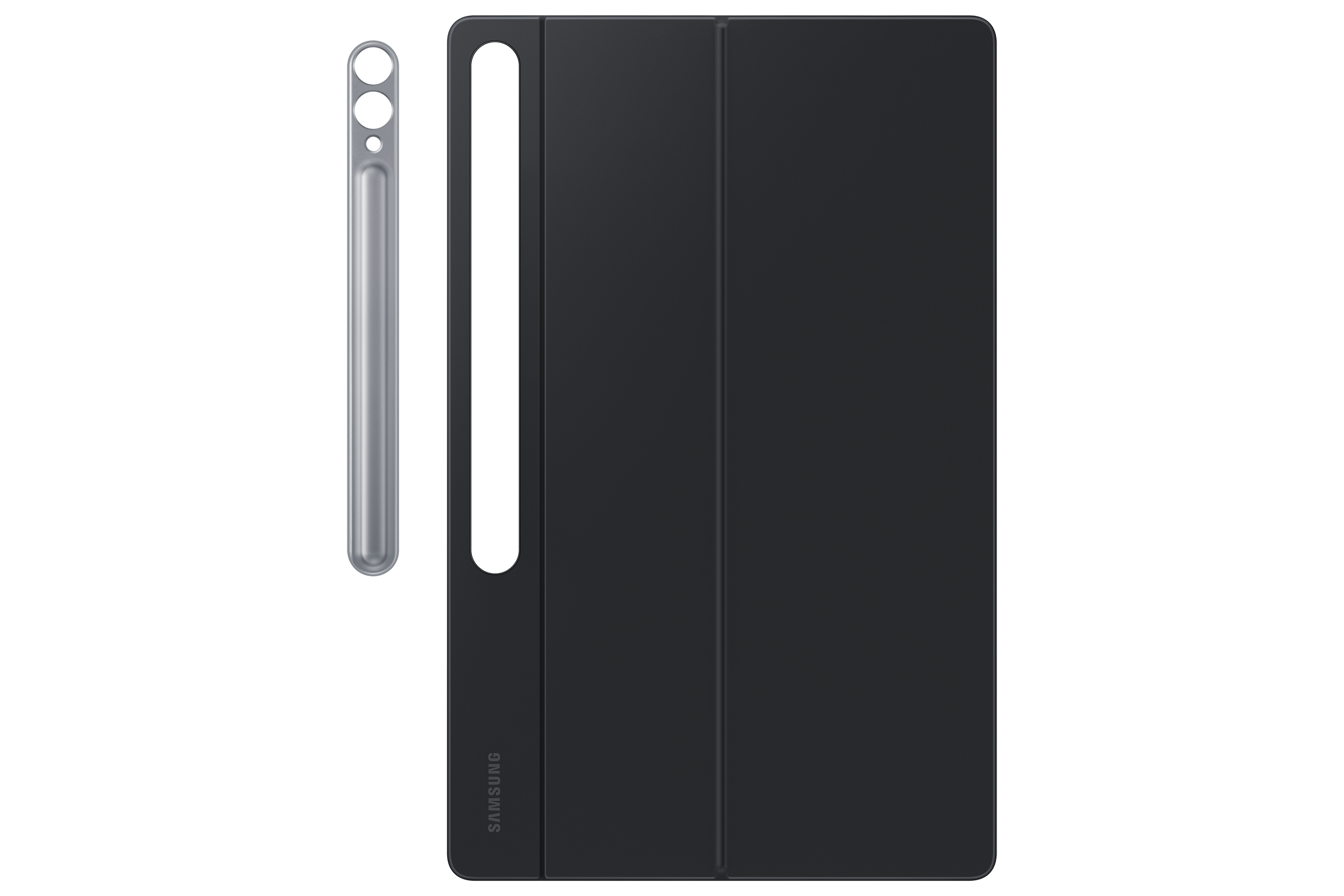 Siyah bir arka plan üzerinde siyah bir tablet kılıfı ve kalem. Samsung logosu kapakta görülebilir.