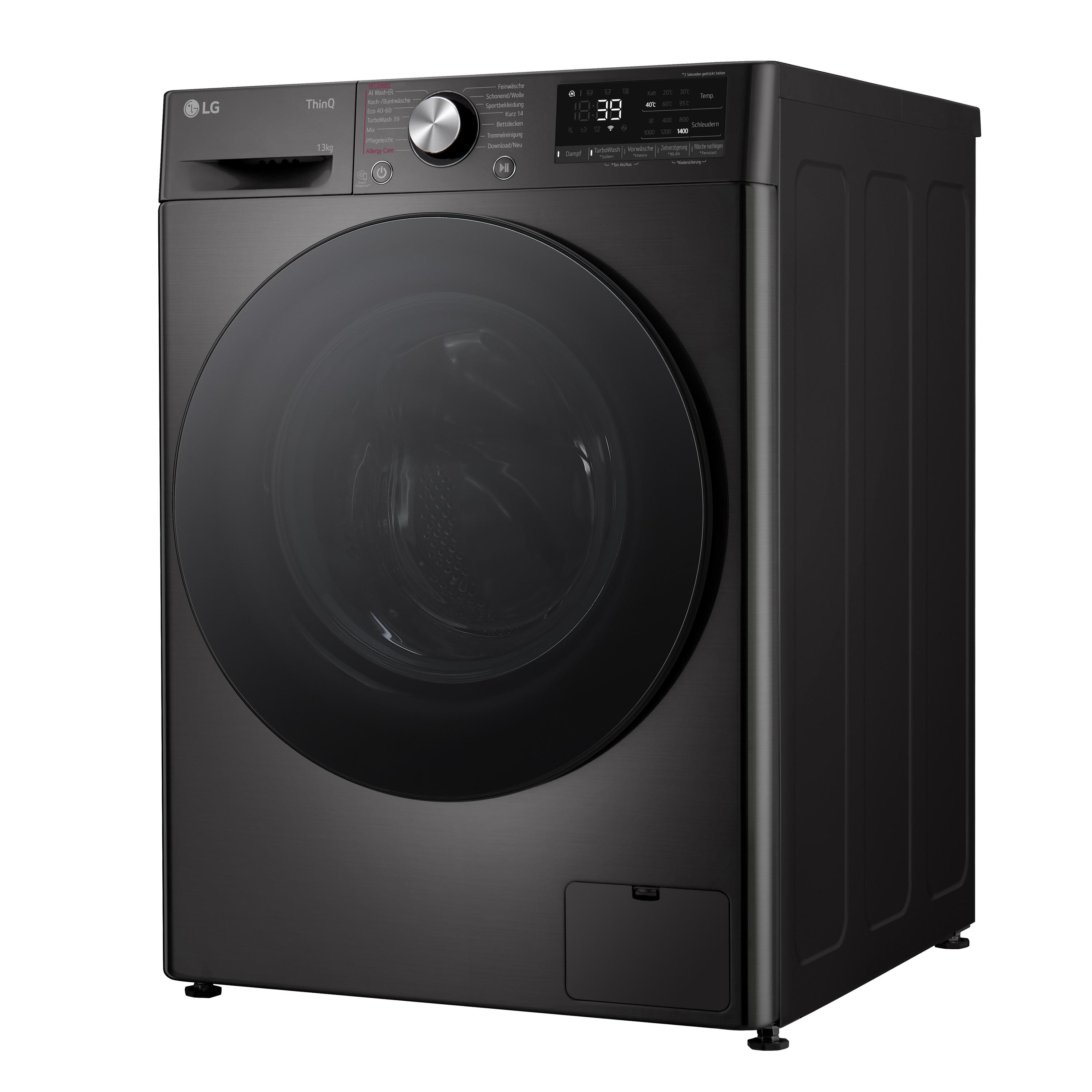 Eine schwarze LG Waschmaschine mit dunkler Glastür.